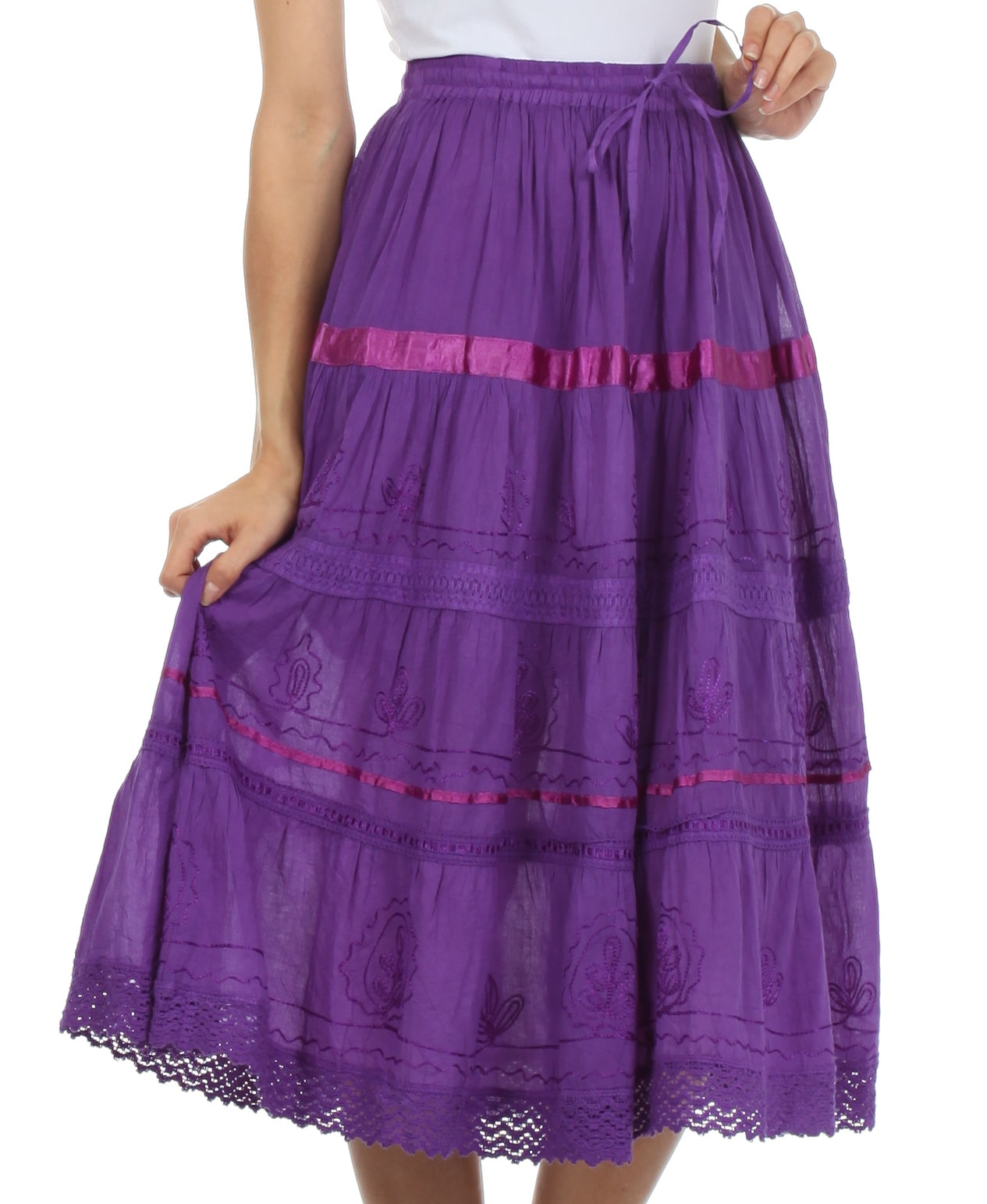 Sakkas - Solid Embroidered Gypsy / Bohemian Mid Length Cotton Skirt