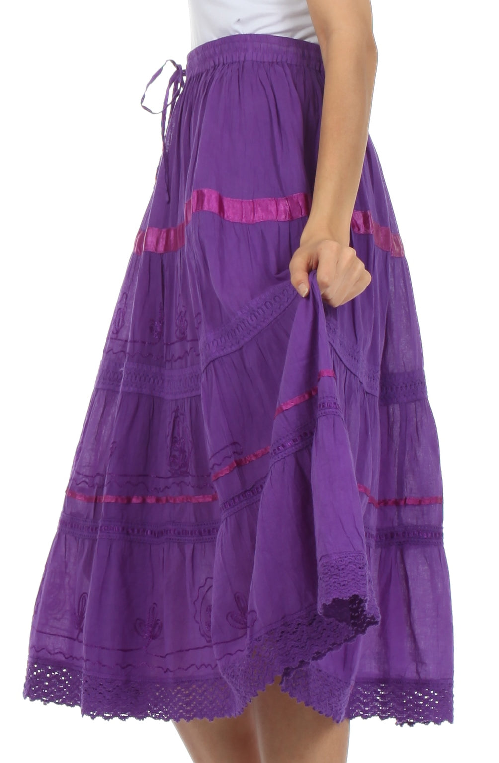 Sakkas - Solid Embroidered Gypsy / Bohemian Mid Length Cotton Skirt