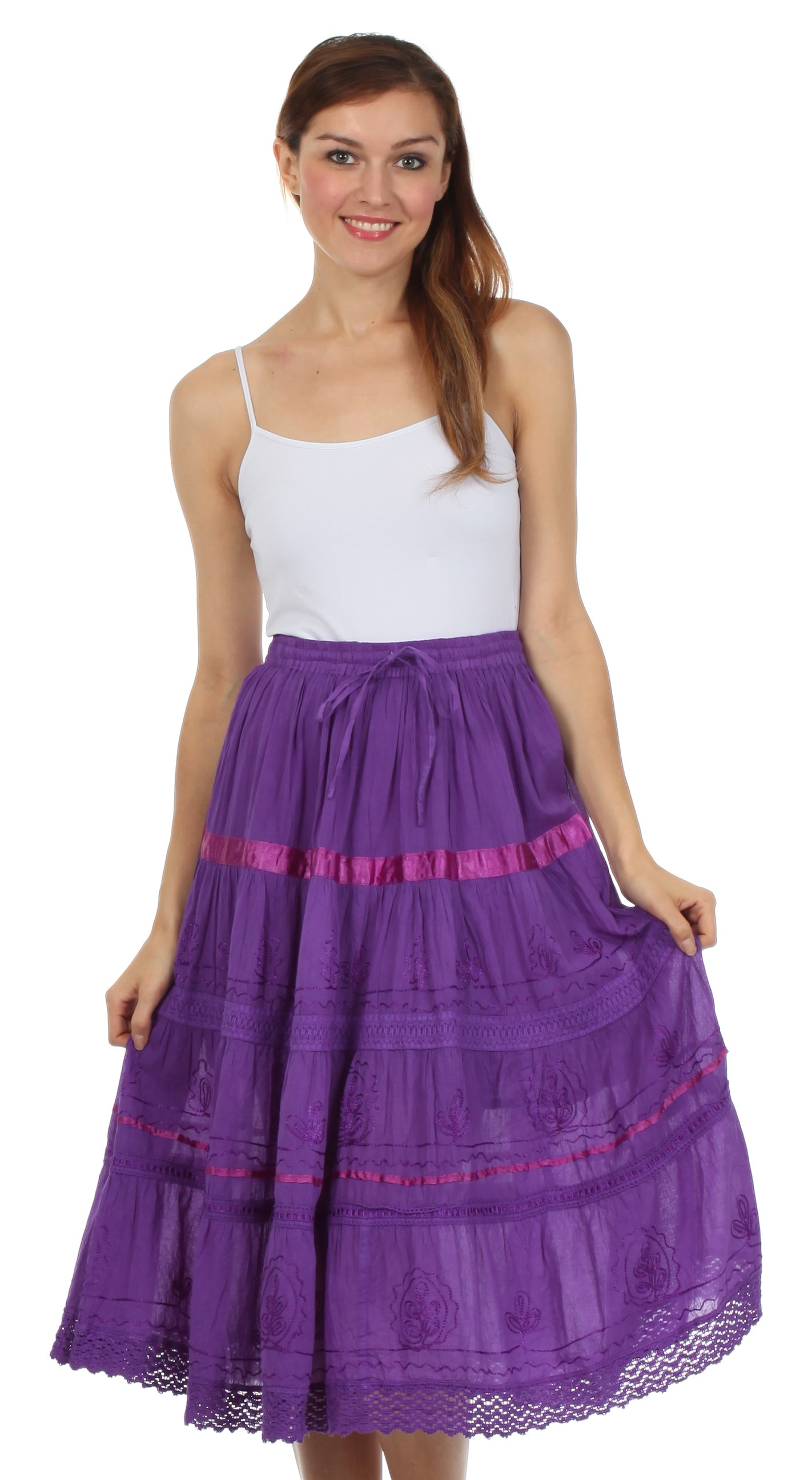 Sakkas - Solid Embroidered Gypsy / Bohemian Mid Length Cotton Skirt