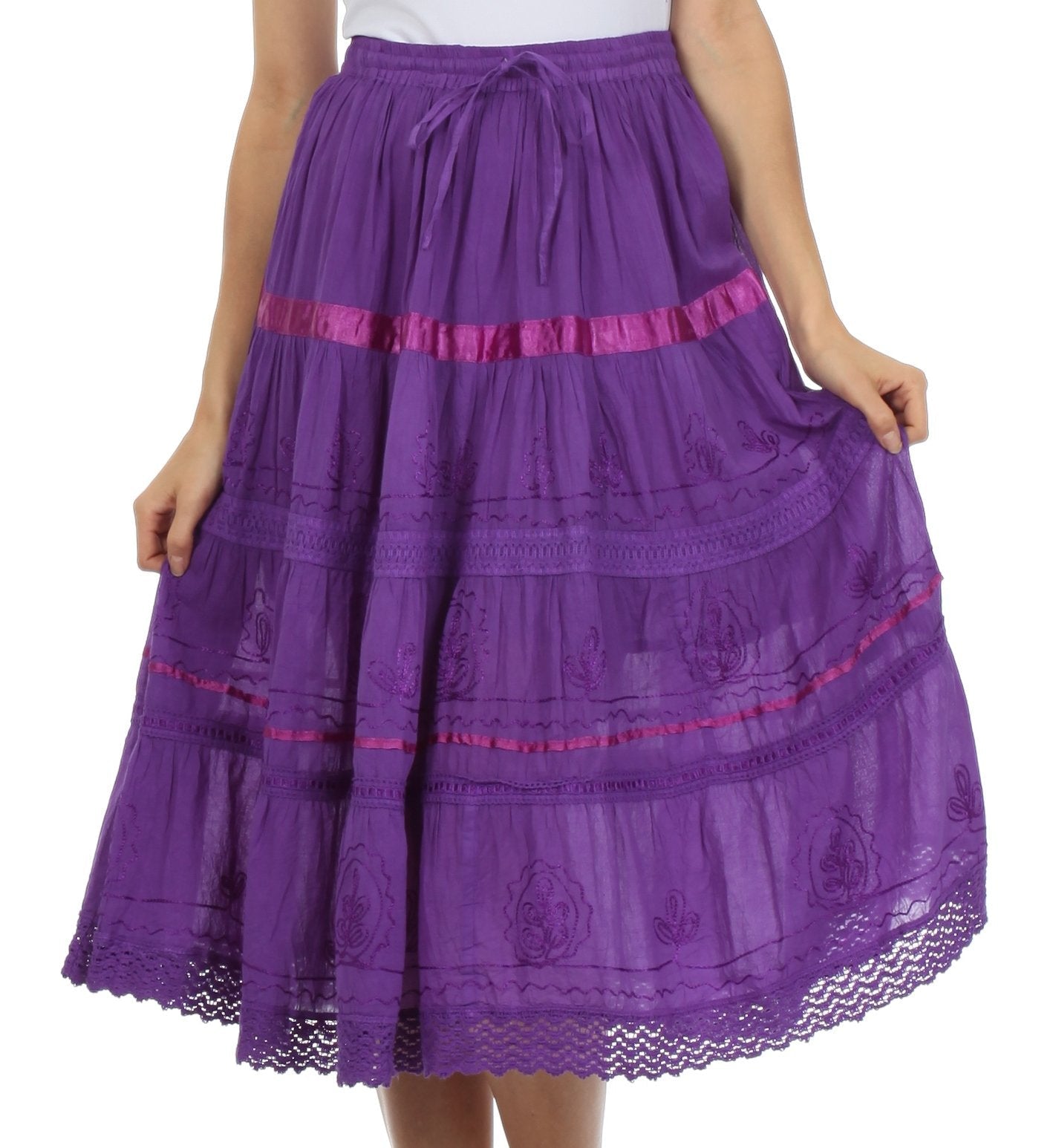 Sakkas - Solid Embroidered Gypsy / Bohemian Mid Length Cotton Skirt