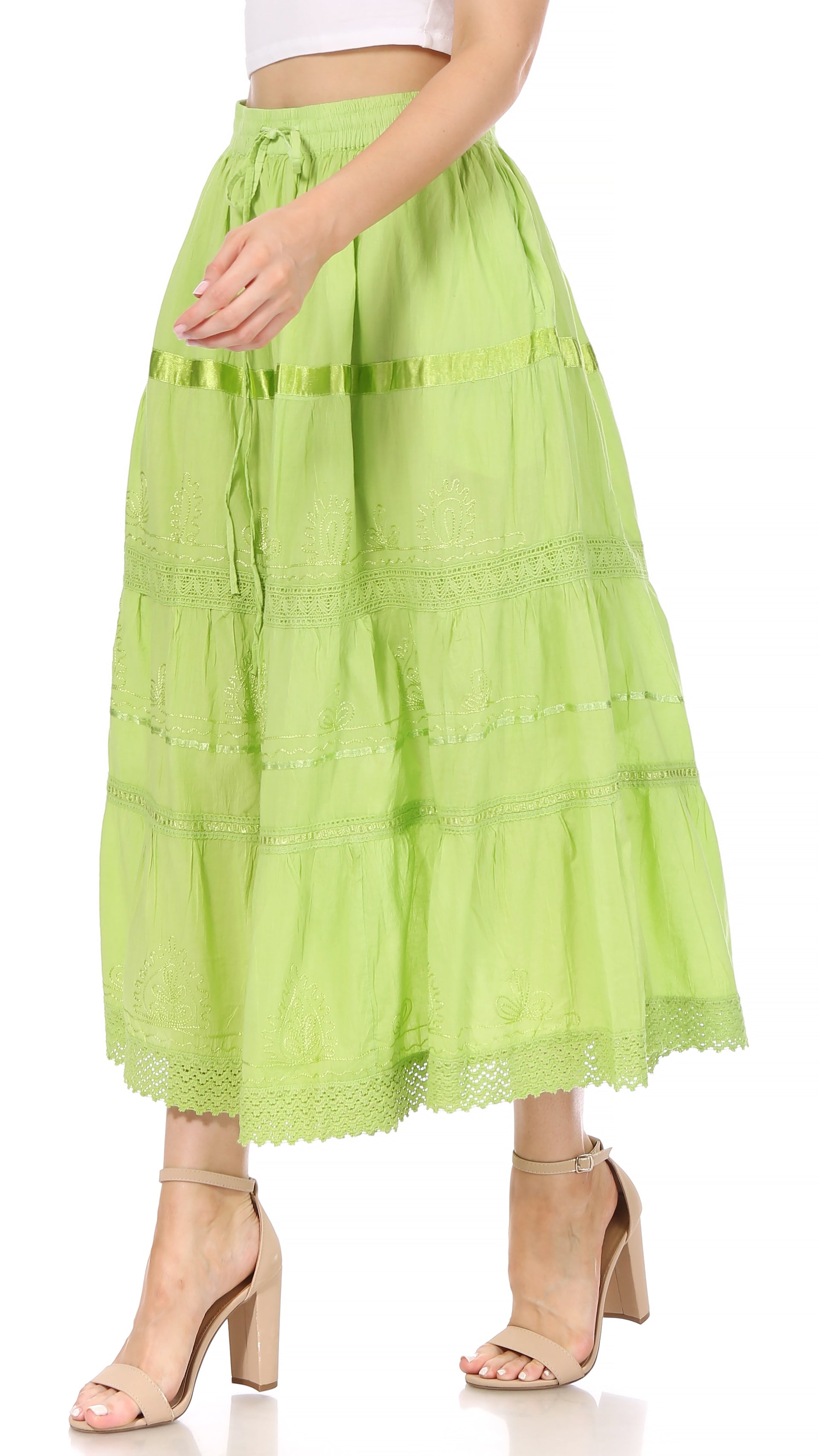 Sakkas - Solid Embroidered Gypsy / Bohemian Mid Length Cotton Skirt
