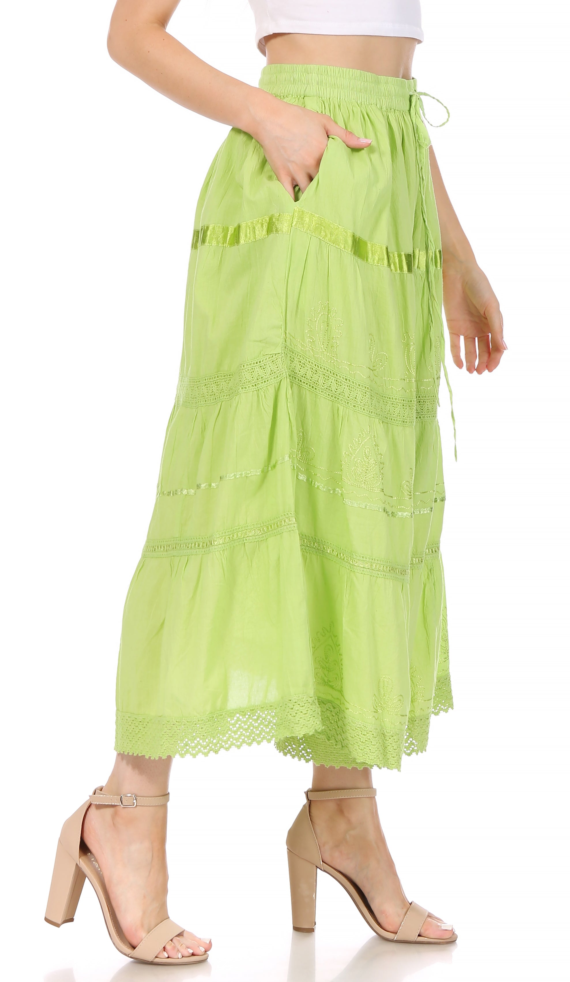 Sakkas - Solid Embroidered Gypsy / Bohemian Mid Length Cotton Skirt