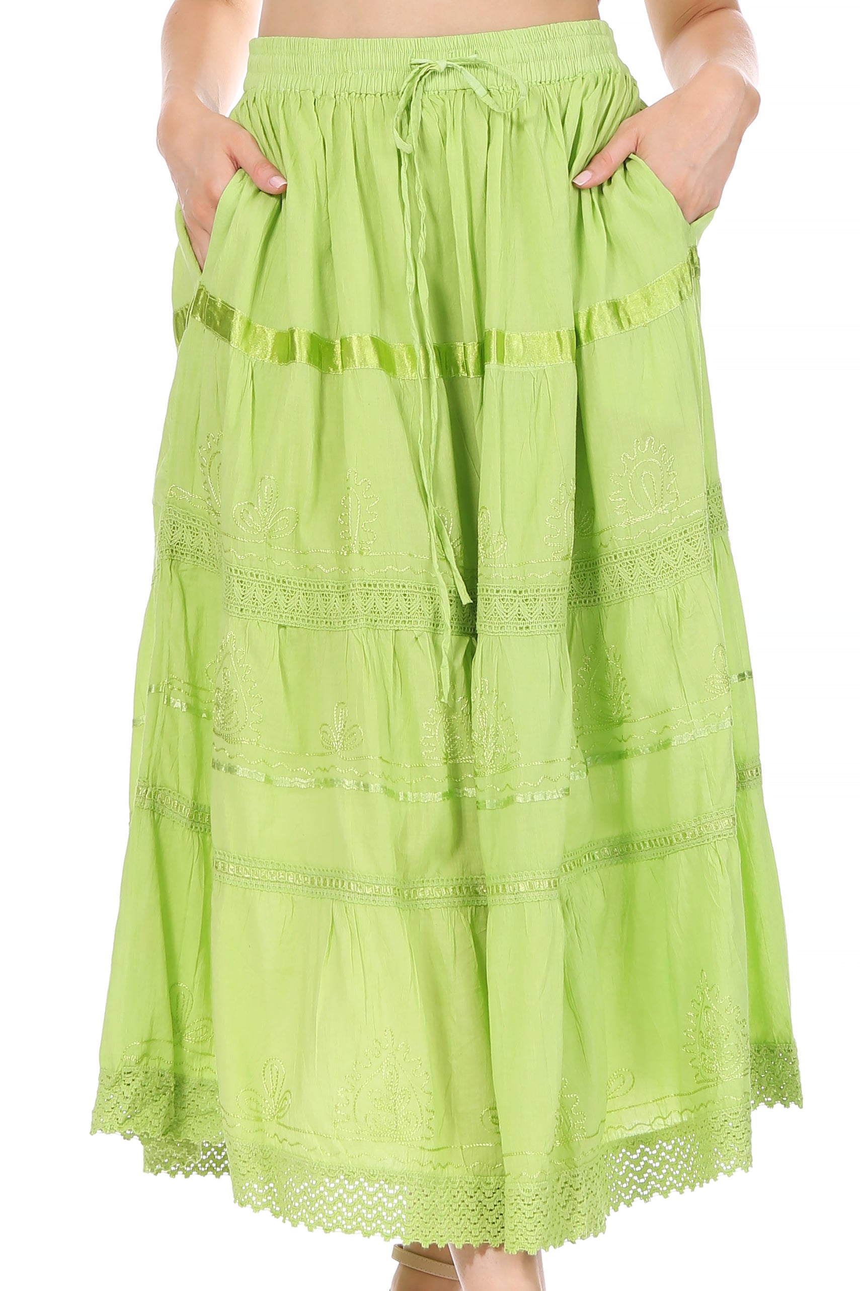 Sakkas - Solid Embroidered Gypsy / Bohemian Mid Length Cotton Skirt