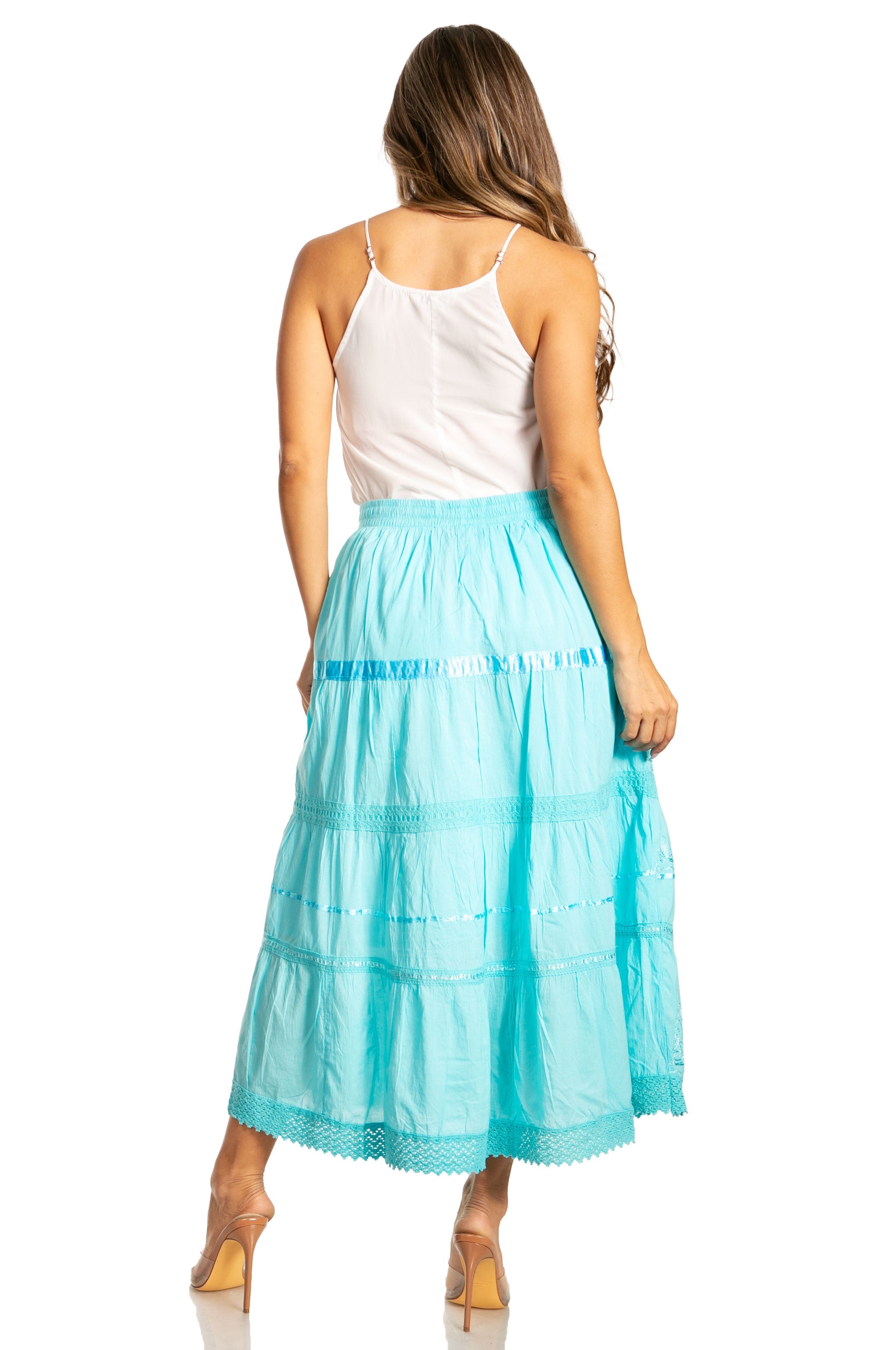 Sakkas - Solid Embroidered Gypsy / Bohemian Mid Length Cotton Skirt