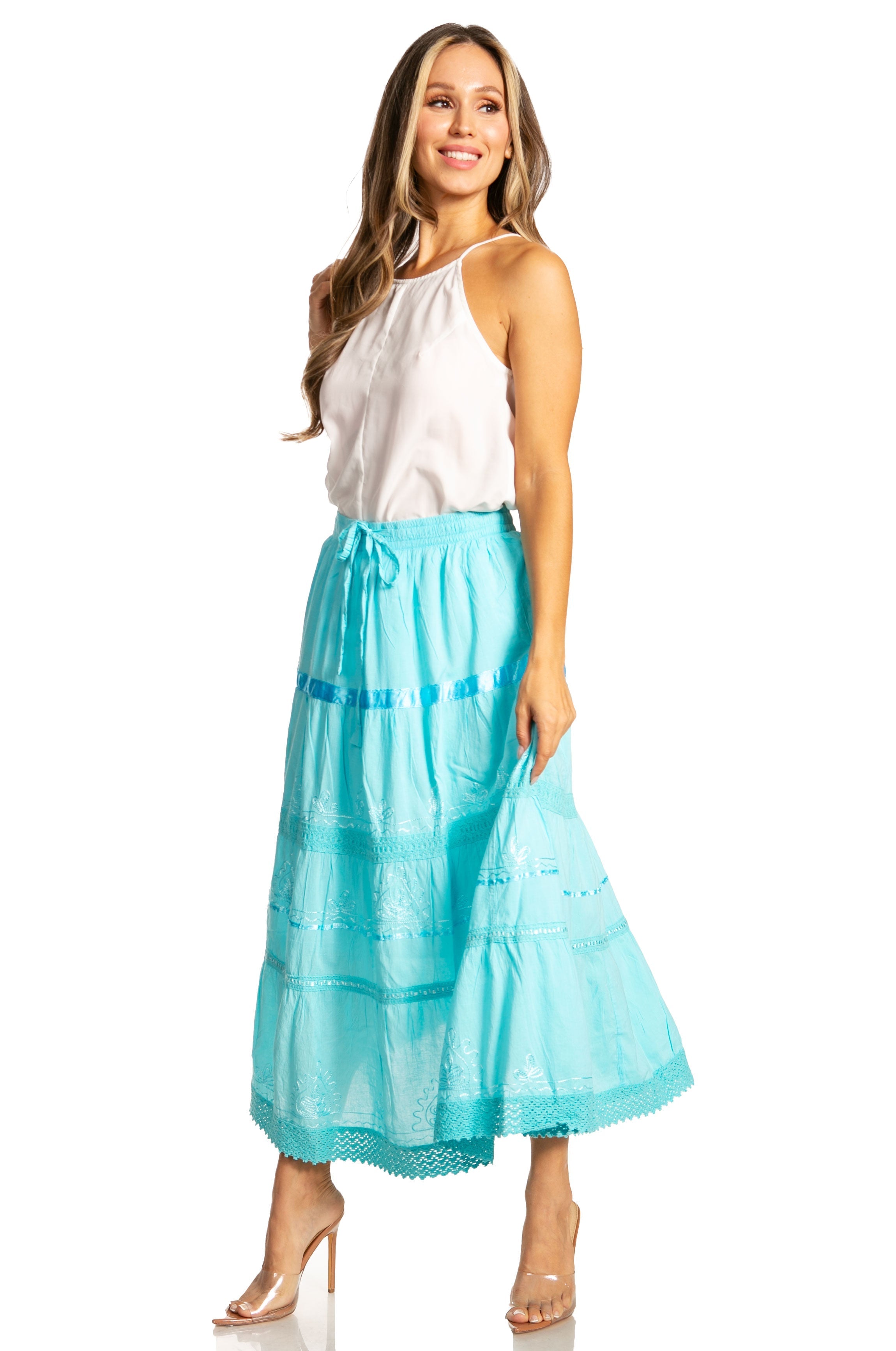 Sakkas - Solid Embroidered Gypsy / Bohemian Mid Length Cotton Skirt