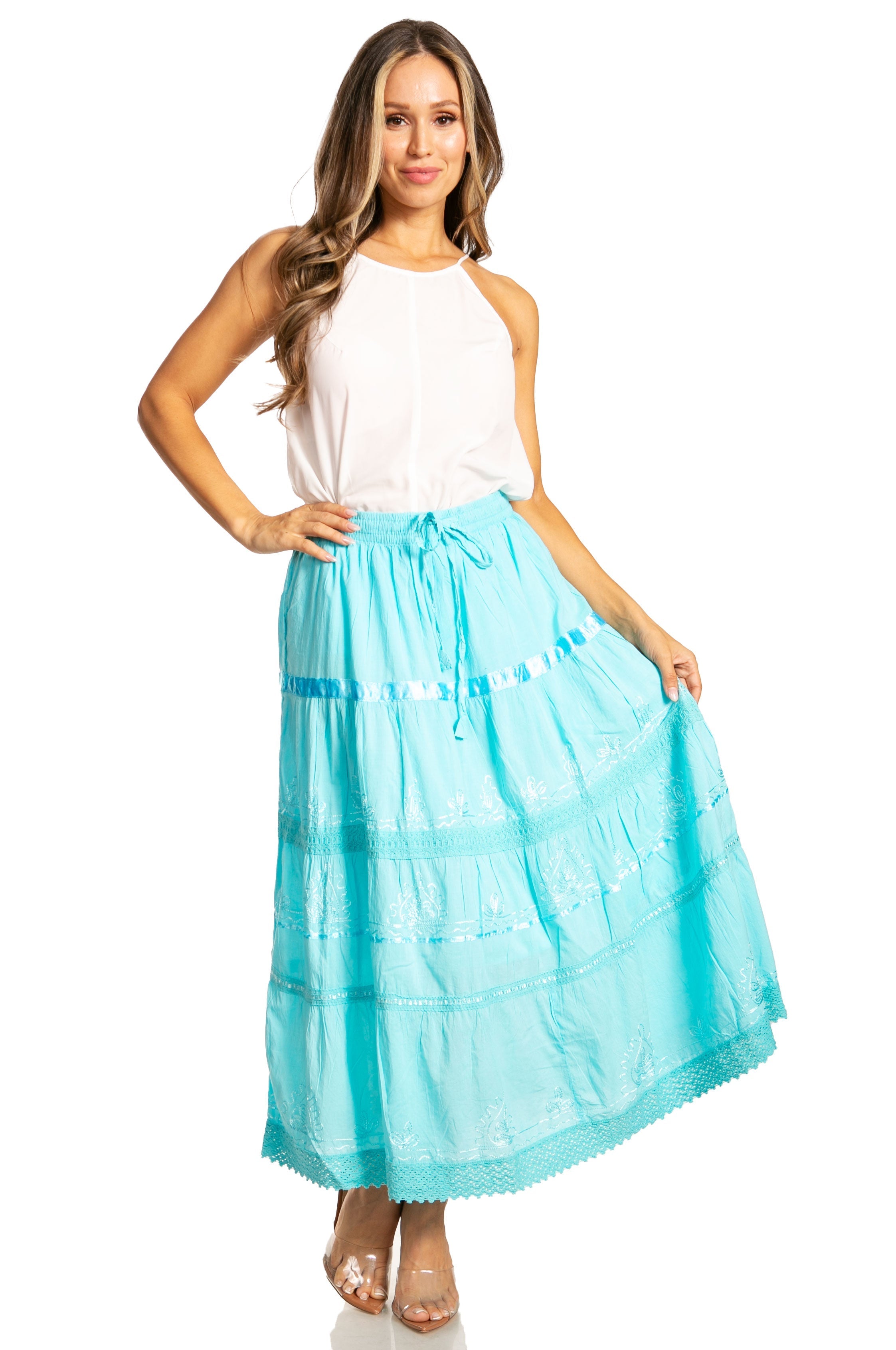 Sakkas - Solid Embroidered Gypsy / Bohemian Mid Length Cotton Skirt