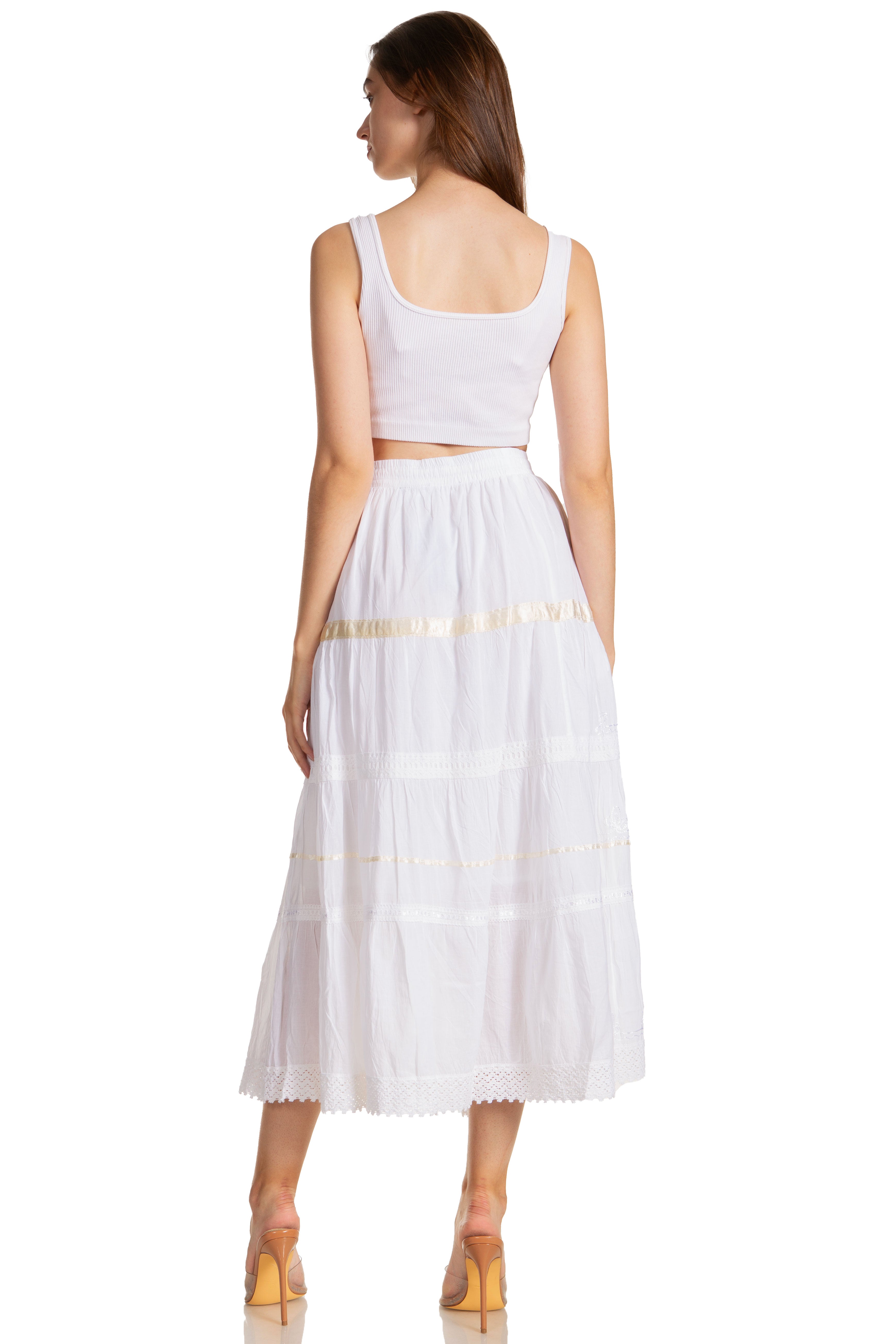 Sakkas - Solid Embroidered Gypsy / Bohemian Mid Length Cotton Skirt