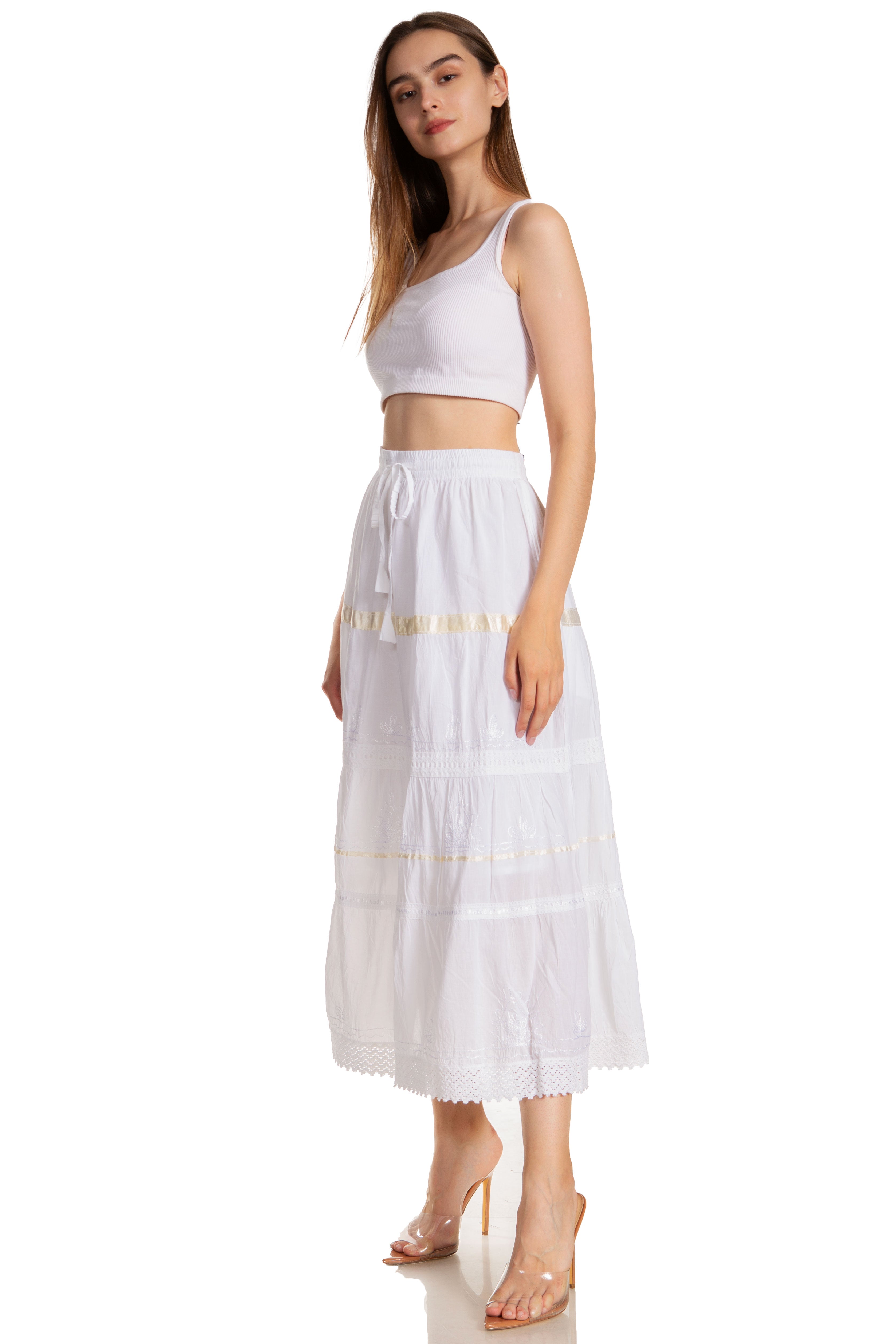 Sakkas - Solid Embroidered Gypsy / Bohemian Mid Length Cotton Skirt