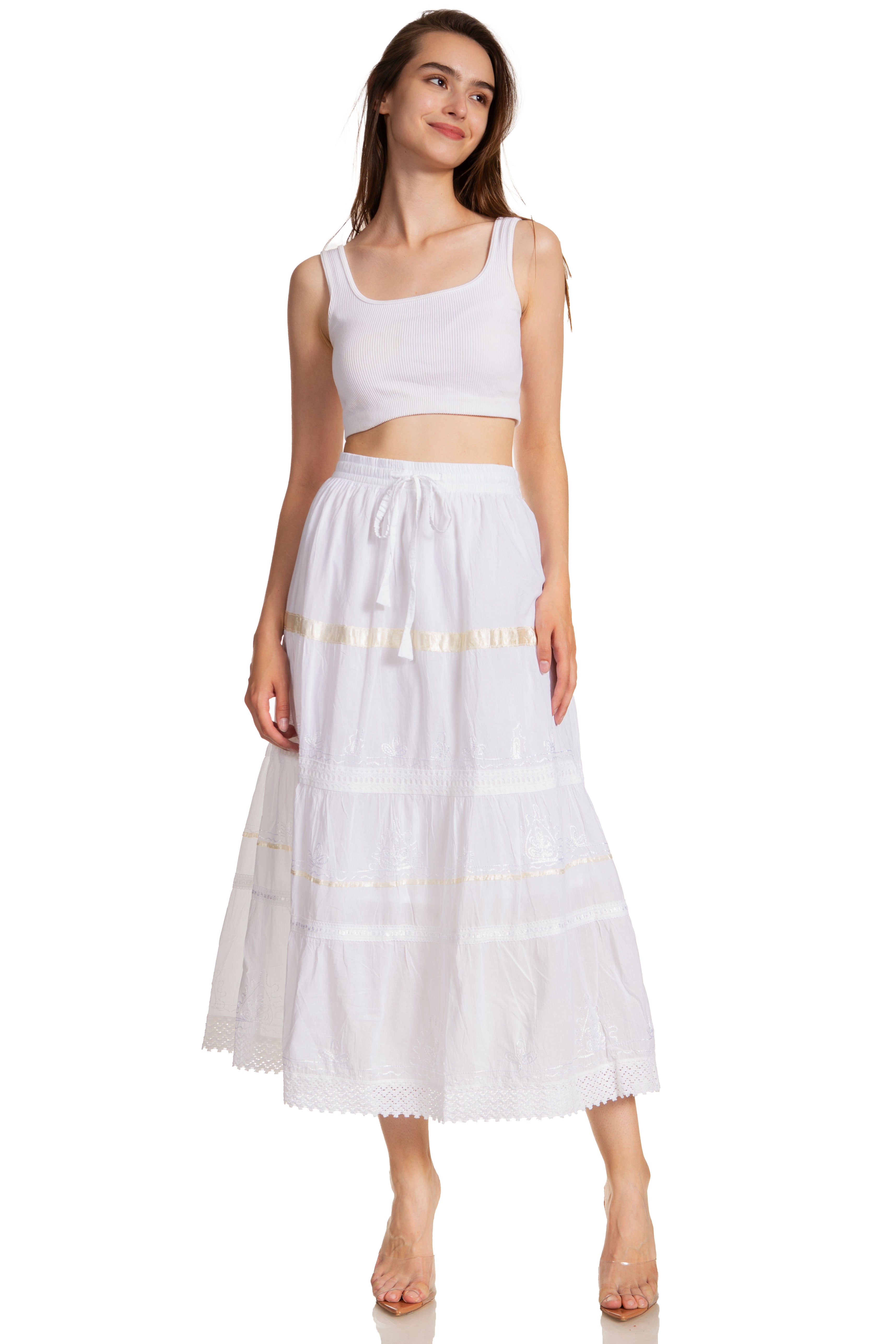 Sakkas - Solid Embroidered Gypsy / Bohemian Mid Length Cotton Skirt