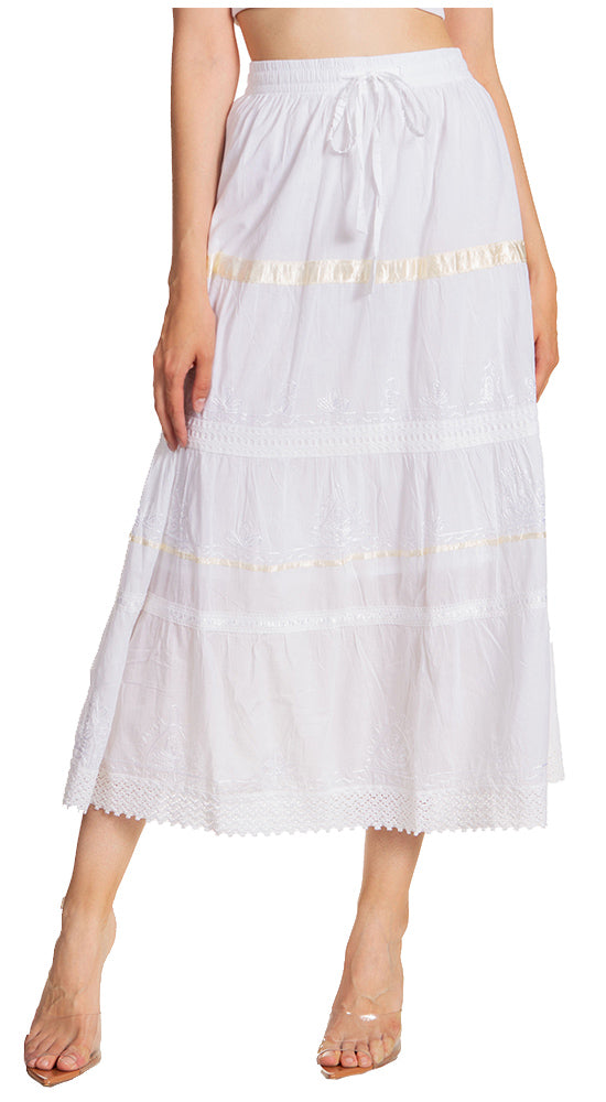 Sakkas - Solid Embroidered Gypsy / Bohemian Mid Length Cotton Skirt