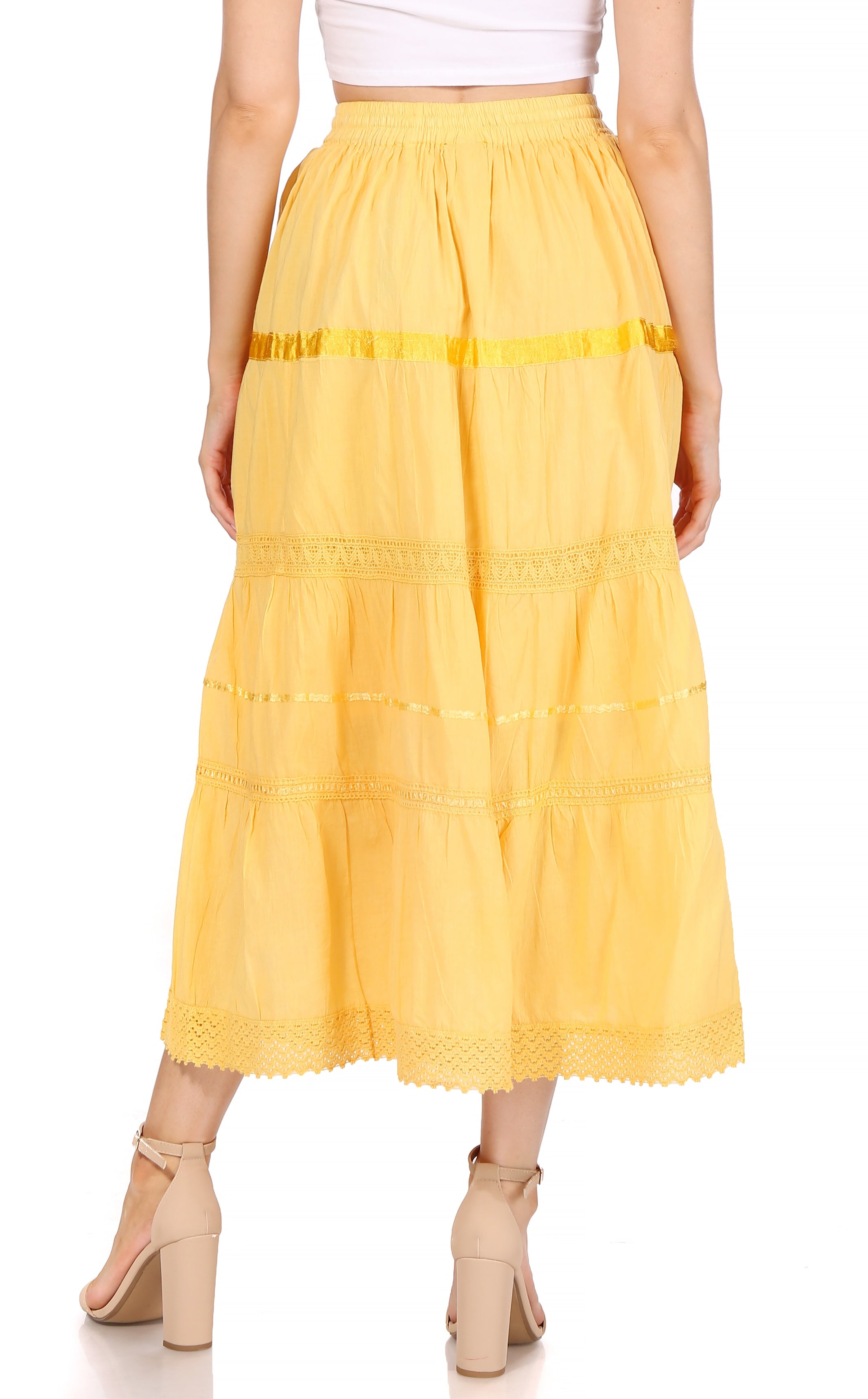Sakkas - Solid Embroidered Gypsy / Bohemian Mid Length Cotton Skirt