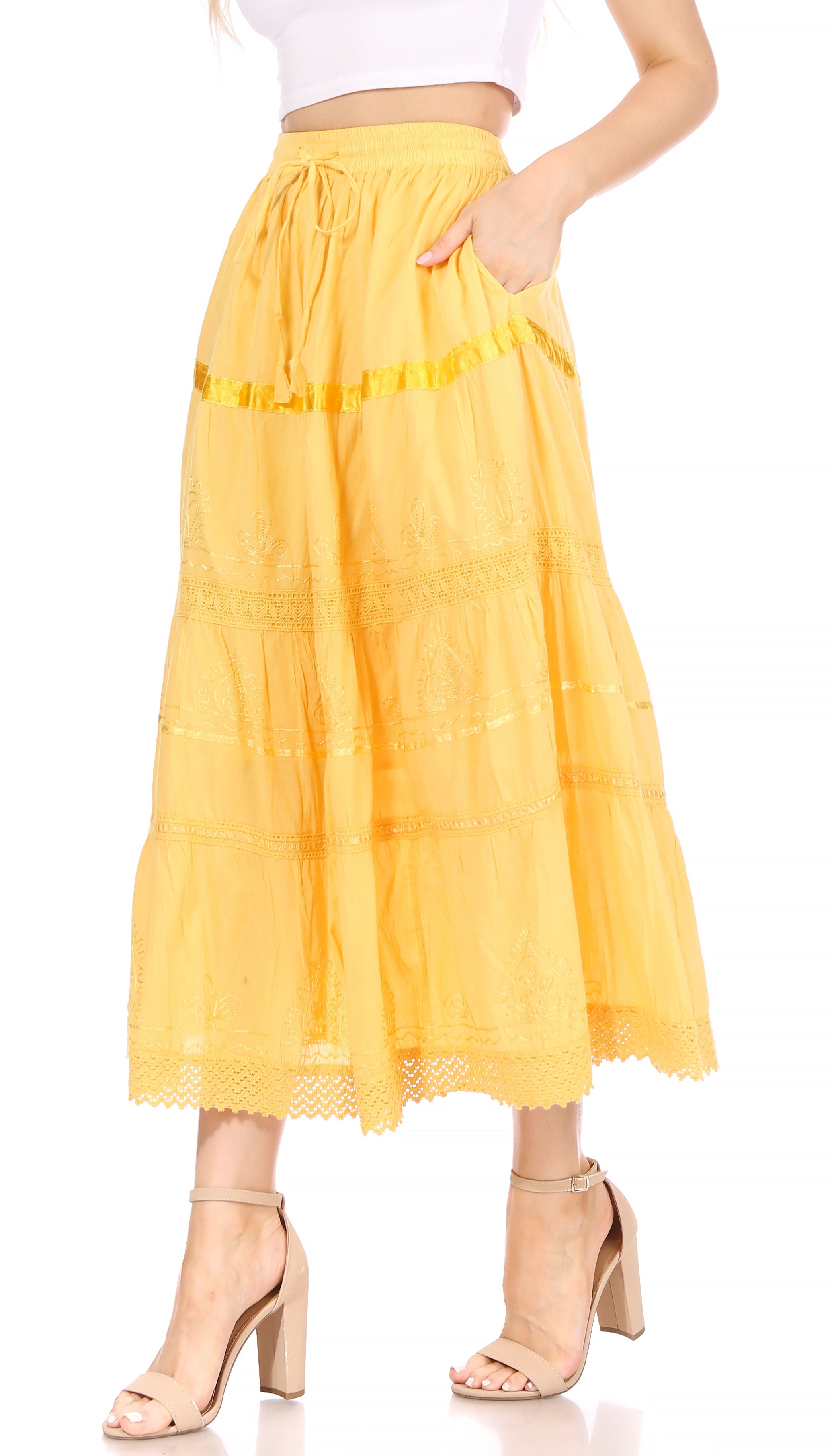 Sakkas - Solid Embroidered Gypsy / Bohemian Mid Length Cotton Skirt