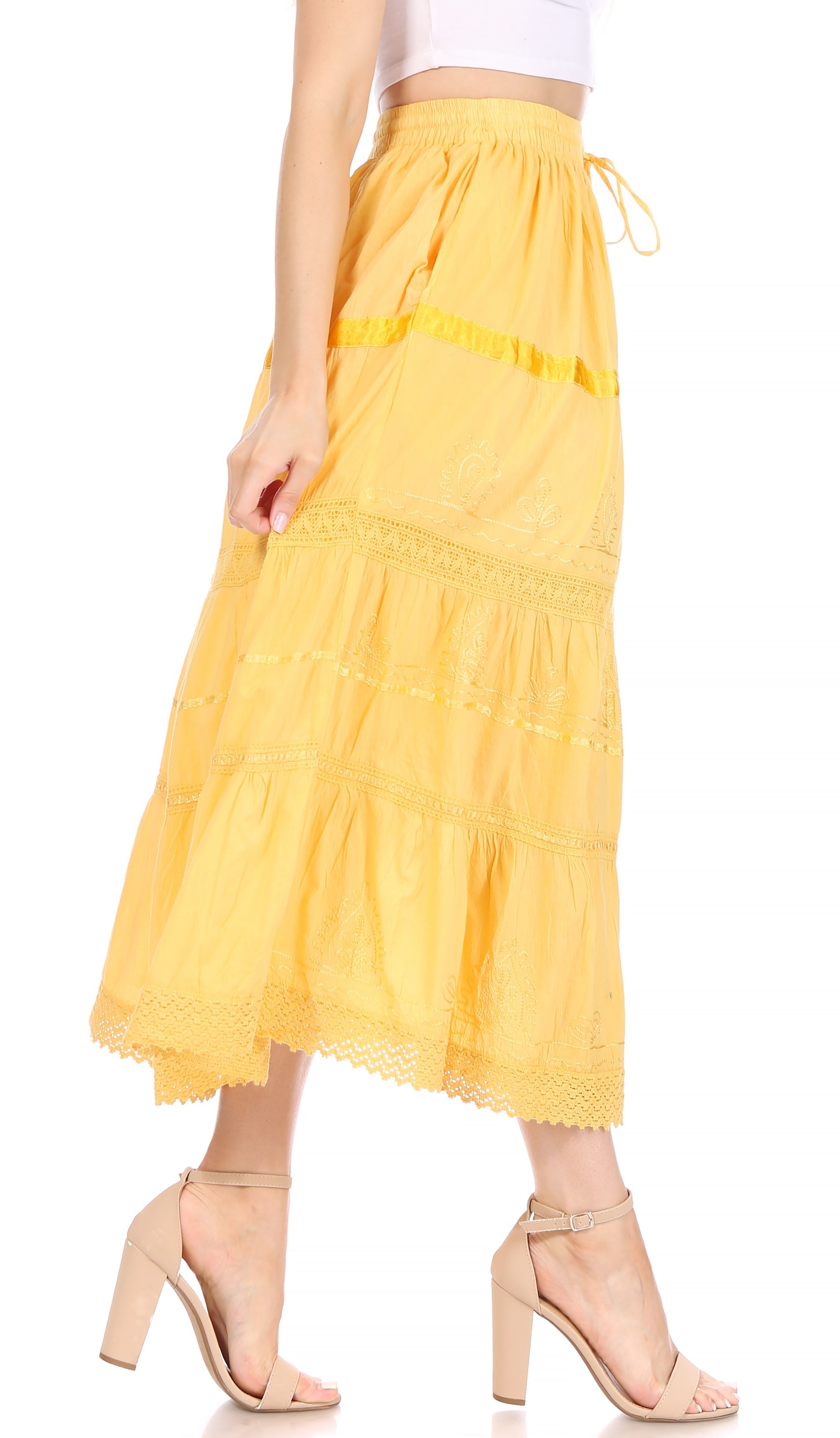Sakkas - Solid Embroidered Gypsy / Bohemian Mid Length Cotton Skirt