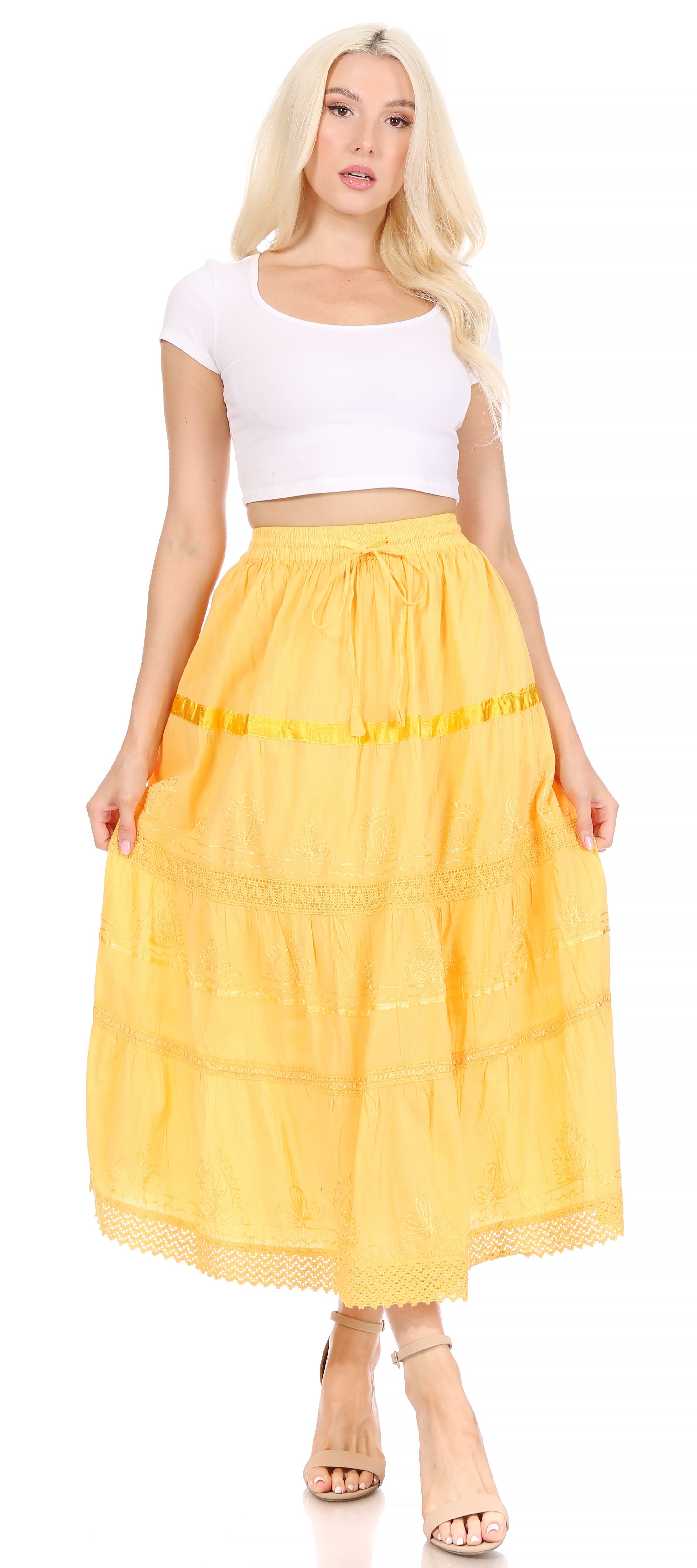 Sakkas - Solid Embroidered Gypsy / Bohemian Mid Length Cotton Skirt