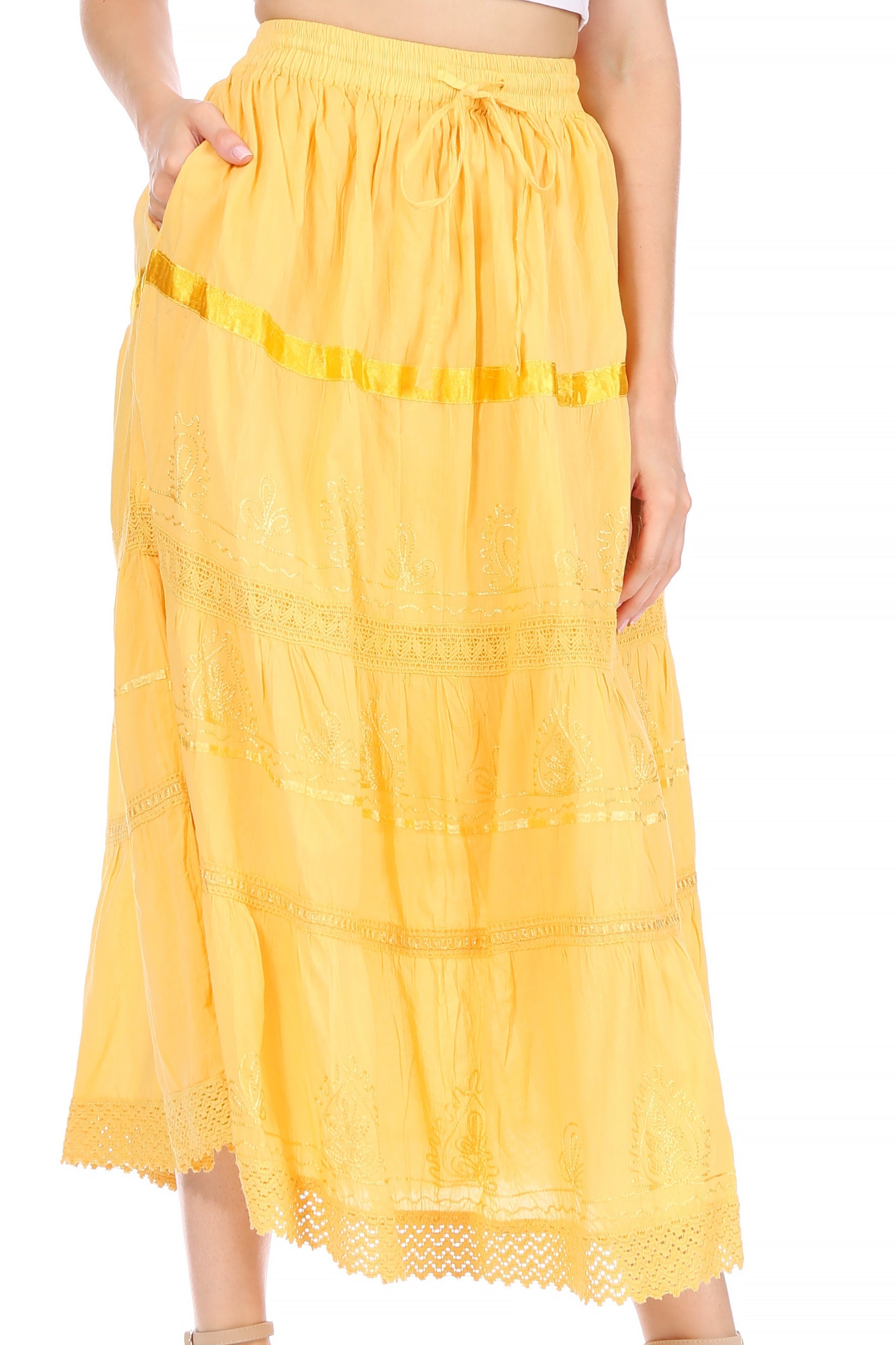Sakkas - Solid Embroidered Gypsy / Bohemian Mid Length Cotton Skirt