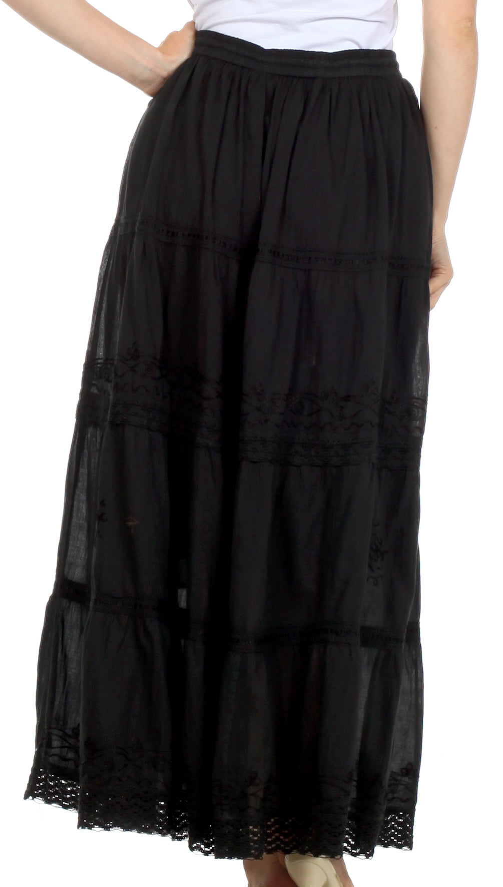 Sakkas - Solid Embroidered Crochet Lace Trim Gypsy Bohemian Mid Length Cotton Skirt