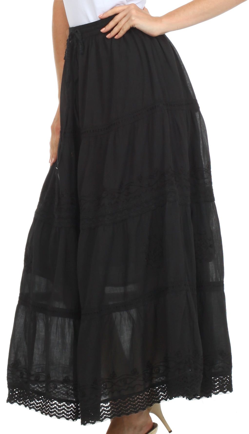 Sakkas - Solid Embroidered Crochet Lace Trim Gypsy Bohemian Mid Length Cotton Skirt