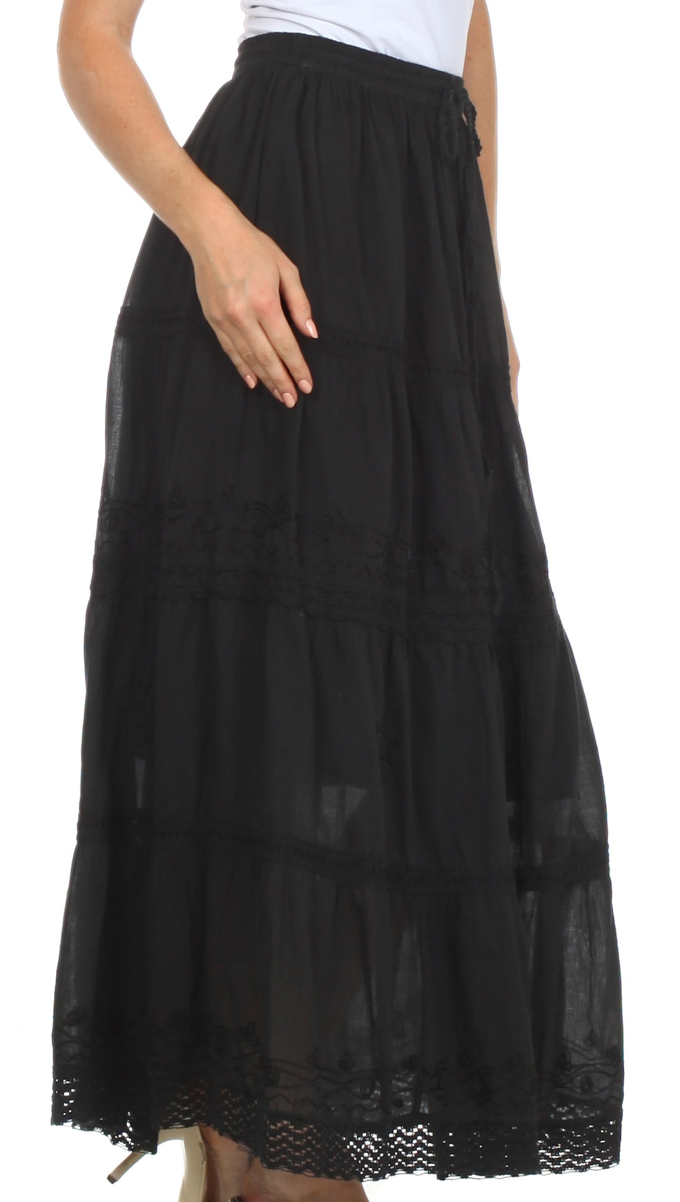 Sakkas - Solid Embroidered Crochet Lace Trim Gypsy Bohemian Mid Length Cotton Skirt