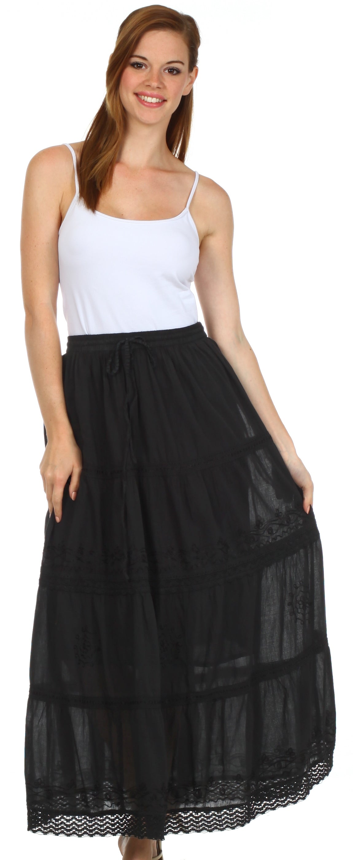 Sakkas - Solid Embroidered Crochet Lace Trim Gypsy Bohemian Mid Length Cotton Skirt
