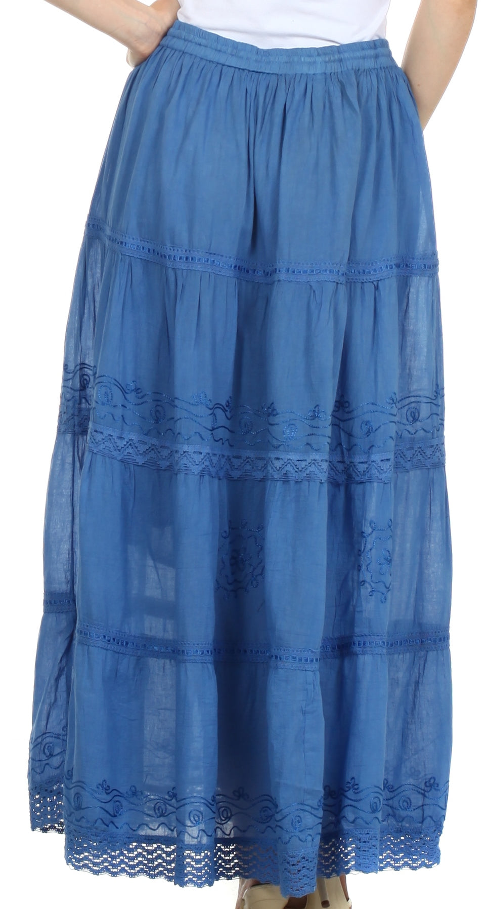 Sakkas - Solid Embroidered Crochet Lace Trim Gypsy Bohemian Mid Length Cotton Skirt