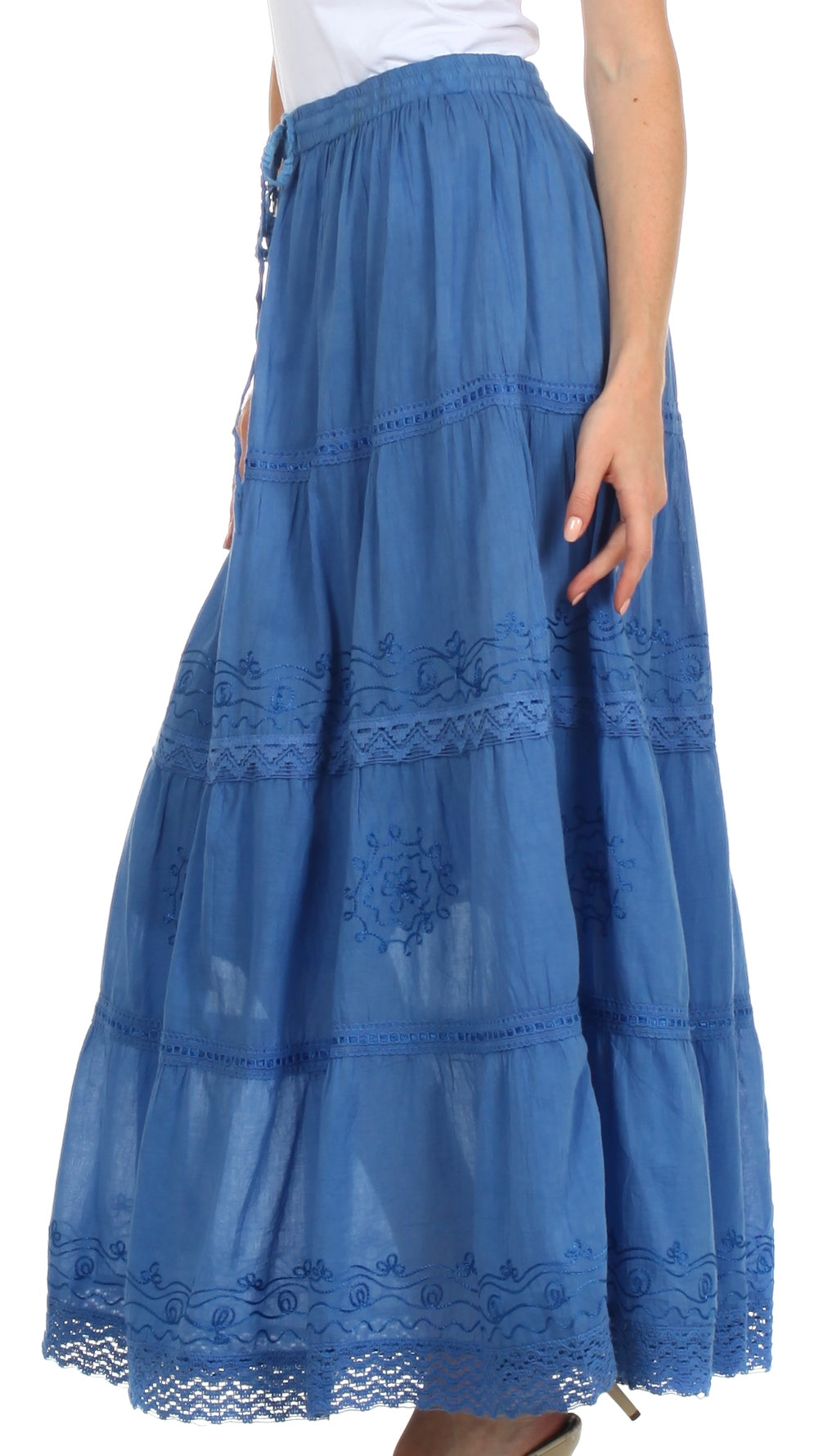 Sakkas - Solid Embroidered Crochet Lace Trim Gypsy Bohemian Mid Length Cotton Skirt