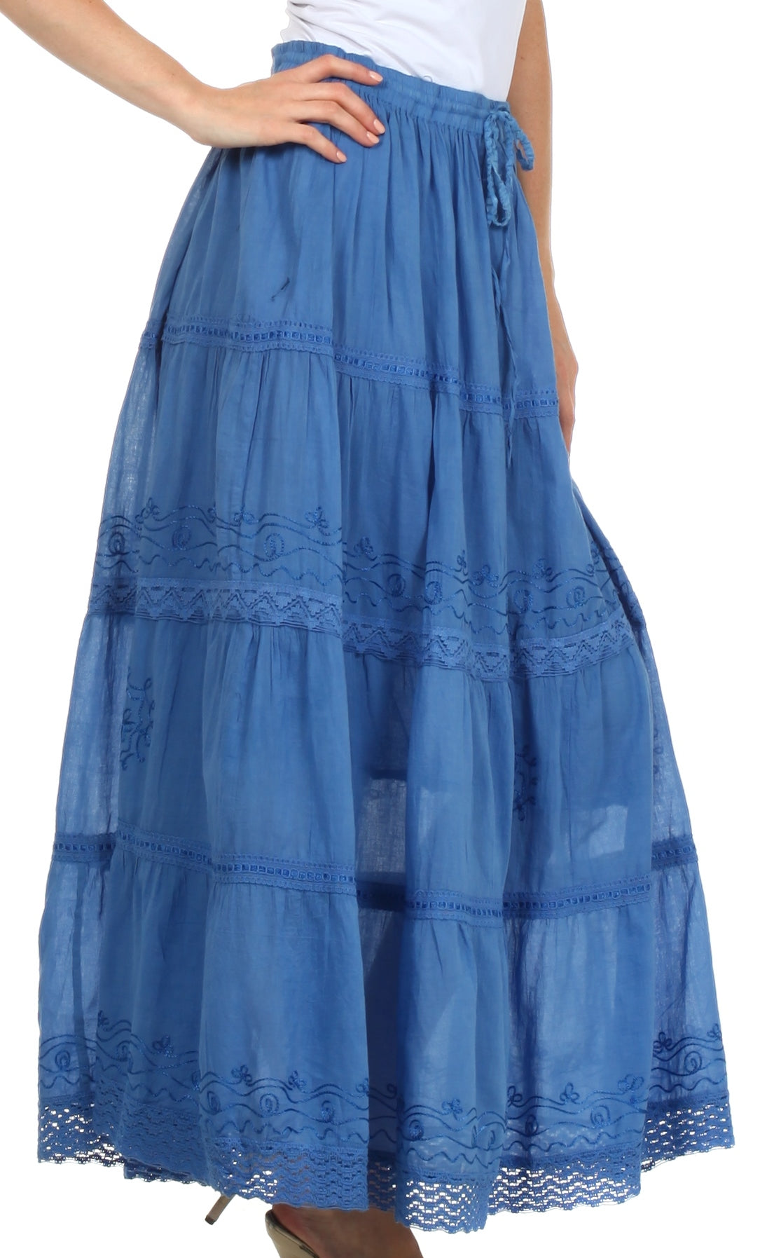 Sakkas - Solid Embroidered Crochet Lace Trim Gypsy Bohemian Mid Length Cotton Skirt