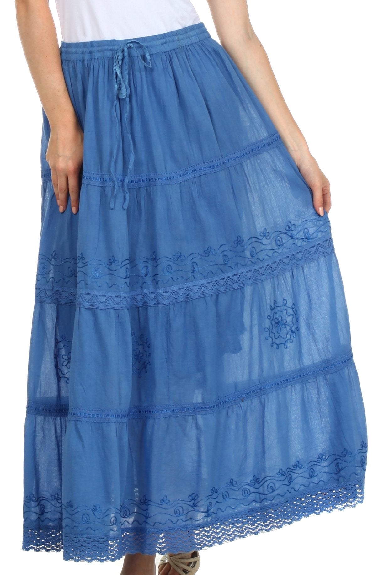 Sakkas - Solid Embroidered Crochet Lace Trim Gypsy Bohemian Mid Length Cotton Skirt