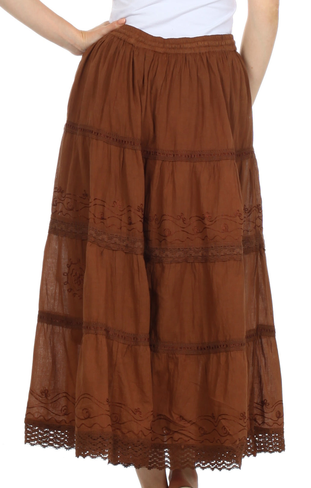 Sakkas - Solid Embroidered Crochet Lace Trim Gypsy Bohemian Mid Length Cotton Skirt