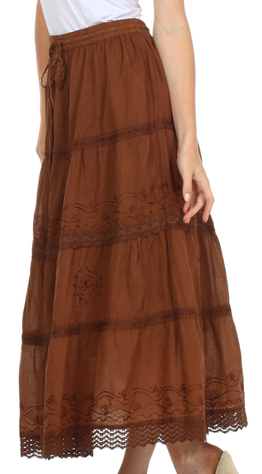 Sakkas - Solid Embroidered Crochet Lace Trim Gypsy Bohemian Mid Length Cotton Skirt