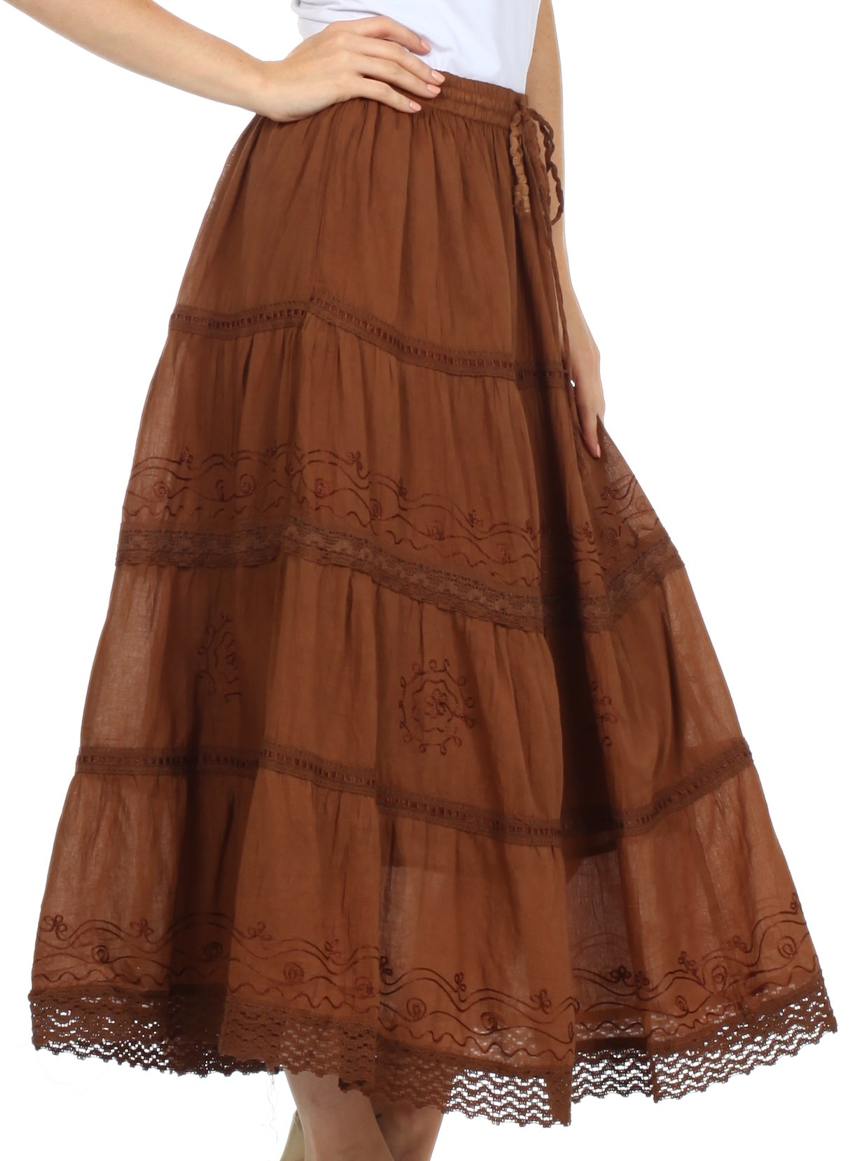 Sakkas - Solid Embroidered Crochet Lace Trim Gypsy Bohemian Mid Length Cotton Skirt
