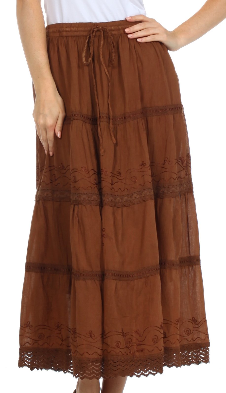 Sakkas - Solid Embroidered Crochet Lace Trim Gypsy Bohemian Mid Length Cotton Skirt