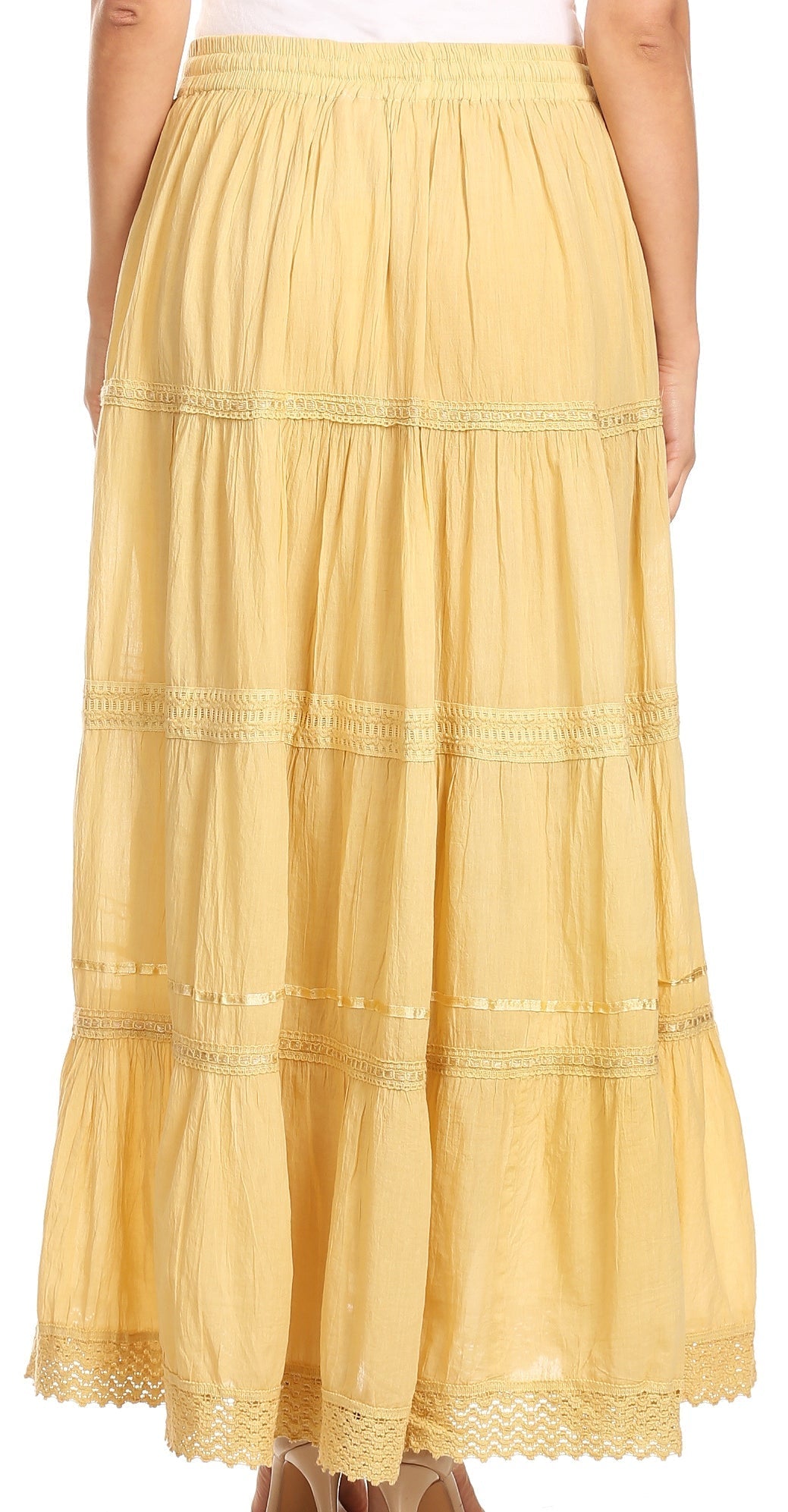 Sakkas - Solid Embroidered Crochet Lace Trim Gypsy Bohemian Mid Length Cotton Skirt