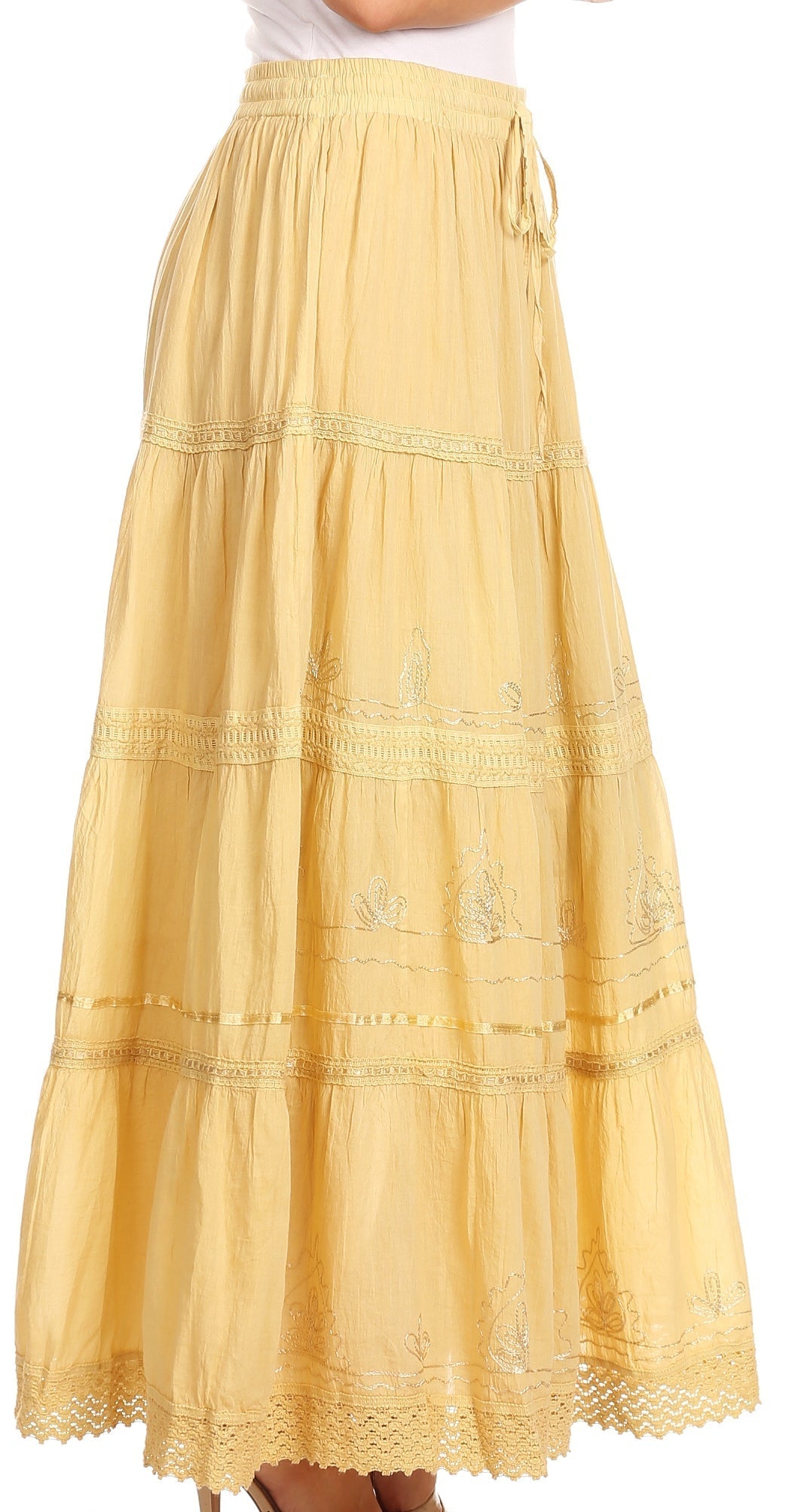 Sakkas - Solid Embroidered Crochet Lace Trim Gypsy Bohemian Mid Length Cotton Skirt