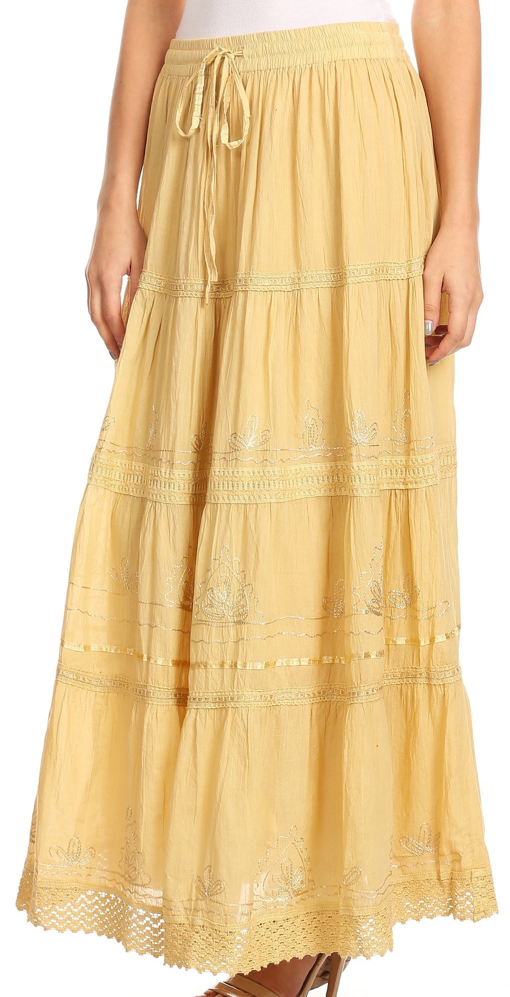 Sakkas - Solid Embroidered Crochet Lace Trim Gypsy Bohemian Mid Length Cotton Skirt