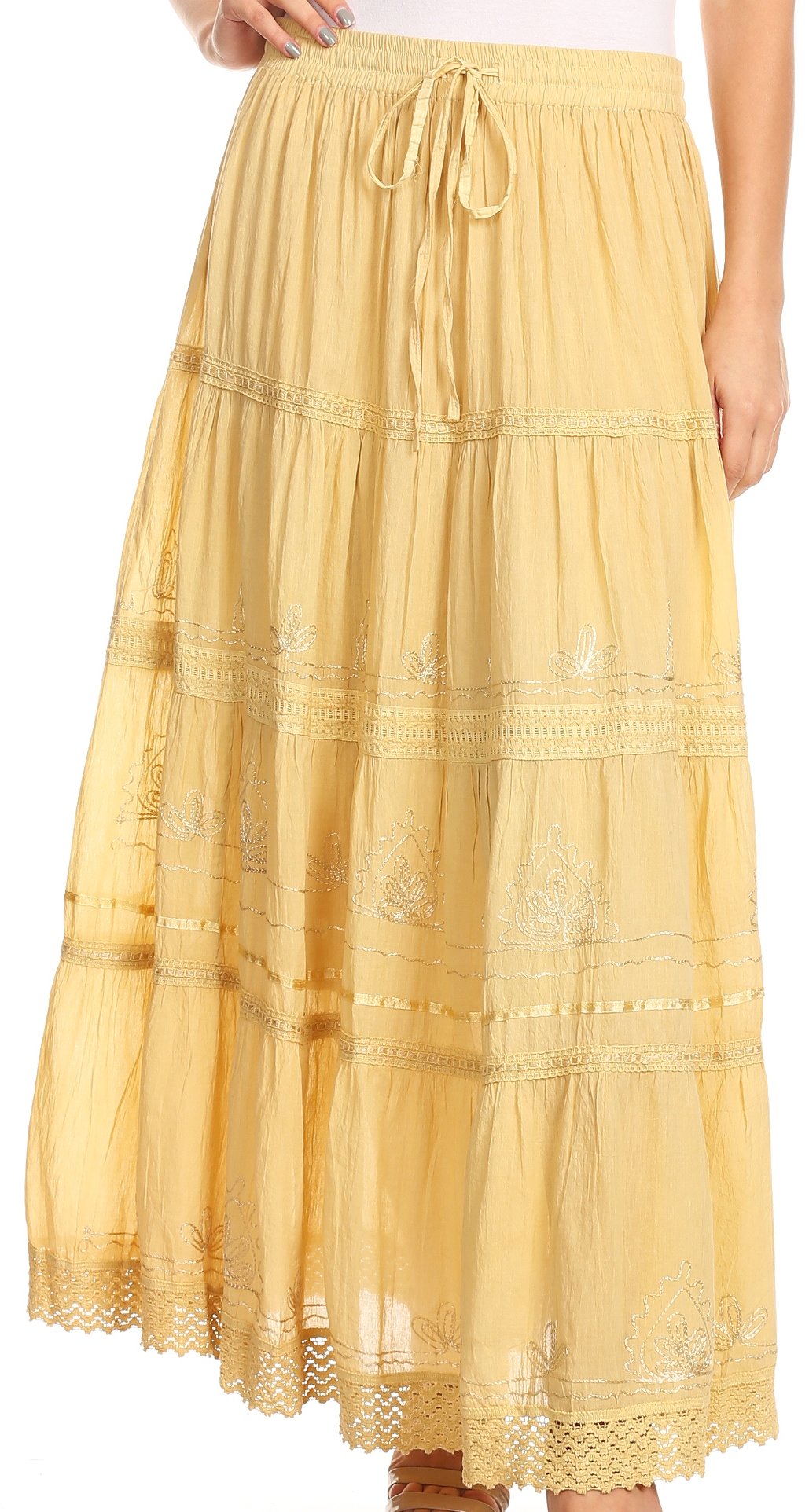 Sakkas - Solid Embroidered Crochet Lace Trim Gypsy Bohemian Mid Length Cotton Skirt