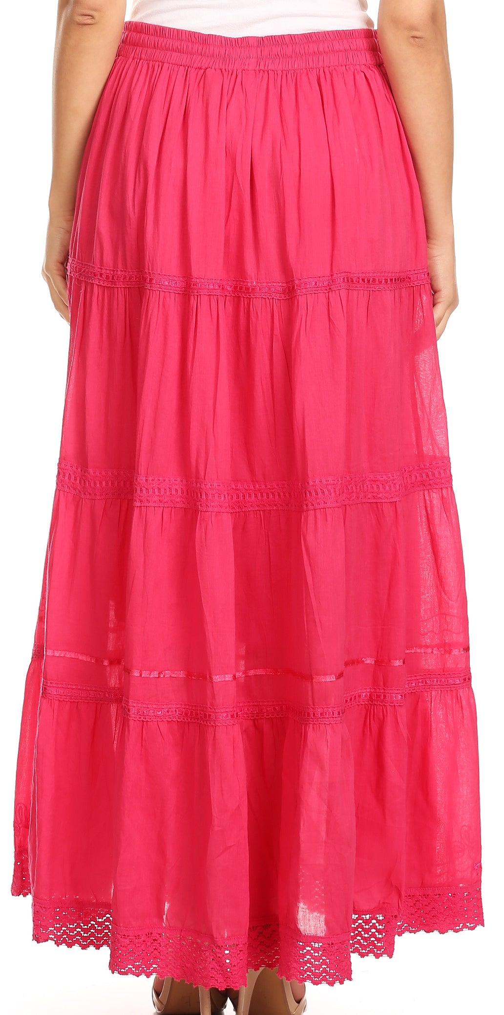 Sakkas - Solid Embroidered Crochet Lace Trim Gypsy Bohemian Mid Length Cotton Skirt