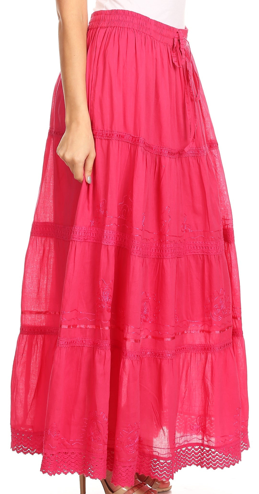 Sakkas - Solid Embroidered Crochet Lace Trim Gypsy Bohemian Mid Length Cotton Skirt
