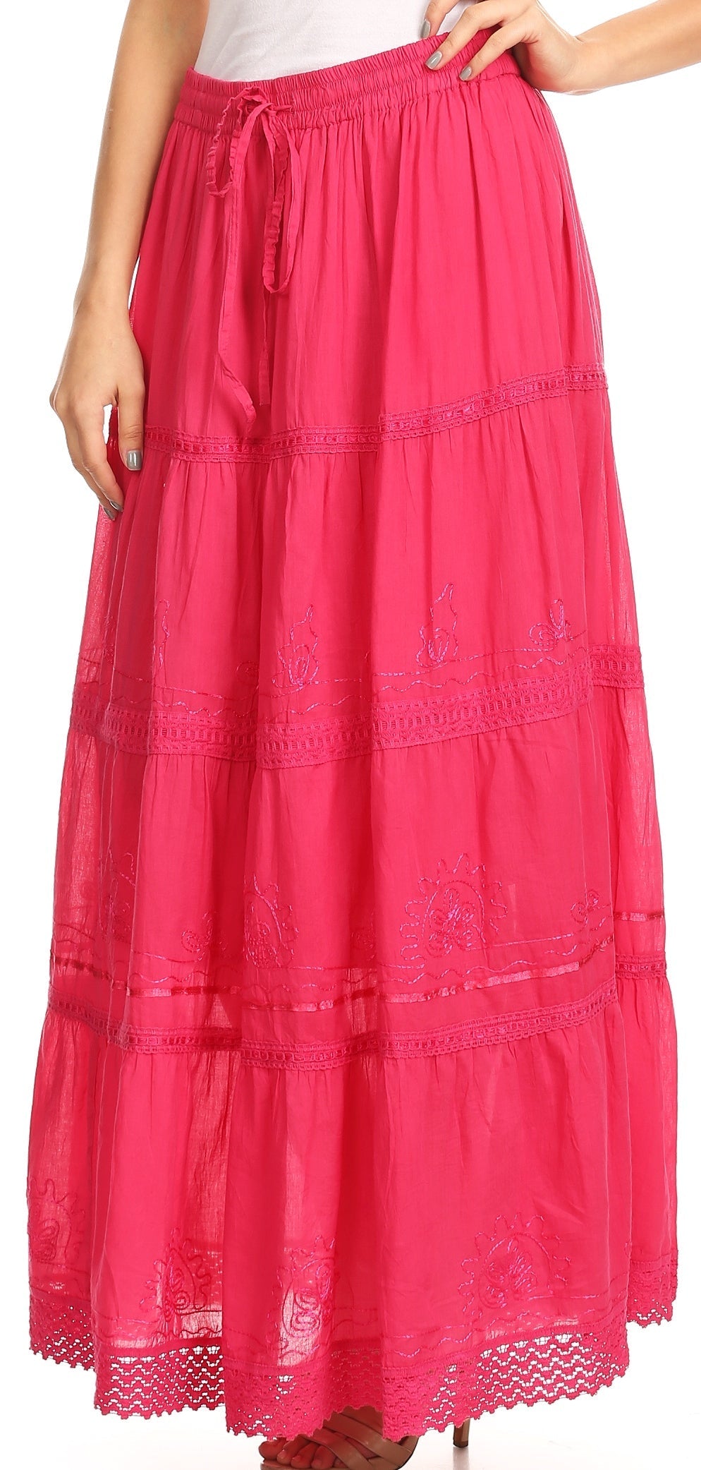 Sakkas - Solid Embroidered Crochet Lace Trim Gypsy Bohemian Mid Length Cotton Skirt