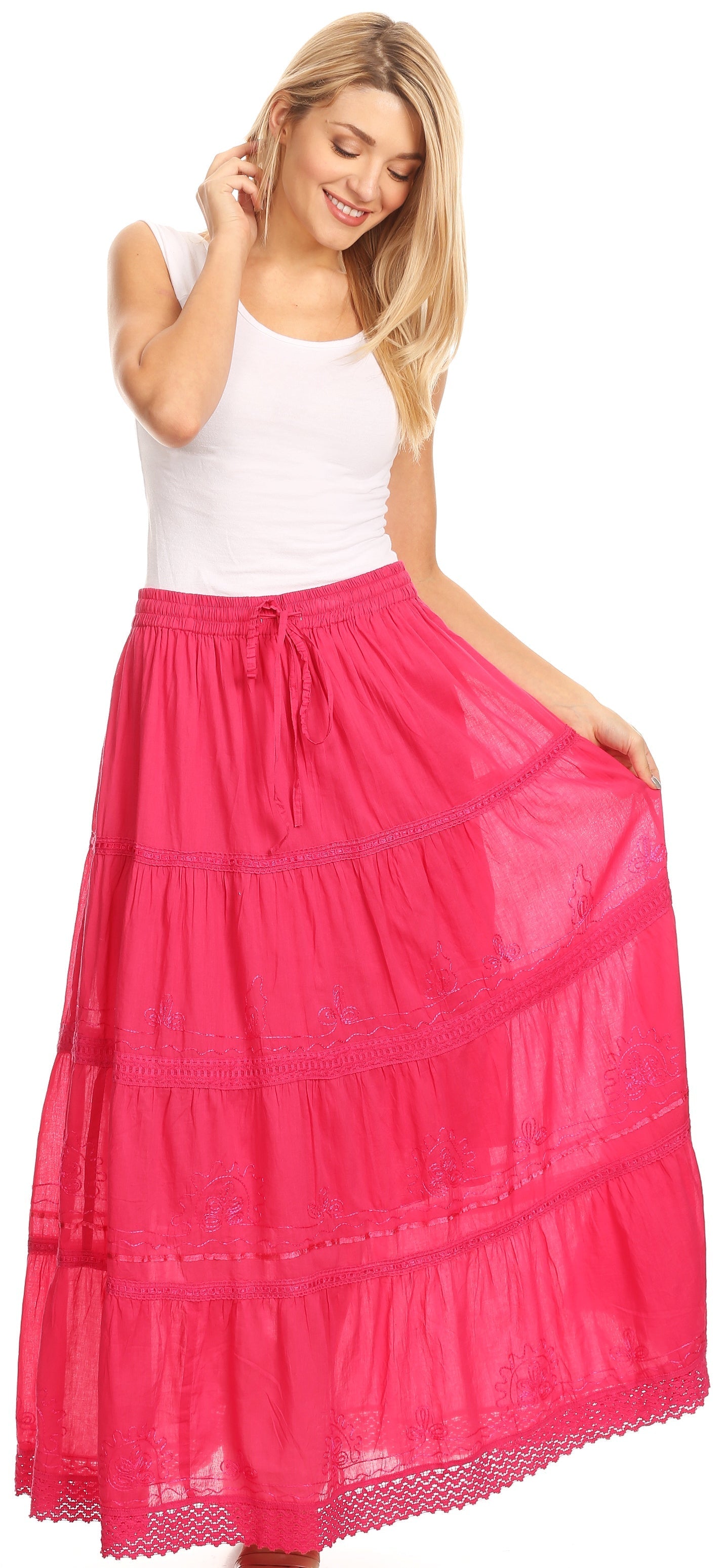 Sakkas - Solid Embroidered Crochet Lace Trim Gypsy Bohemian Mid Length Cotton Skirt