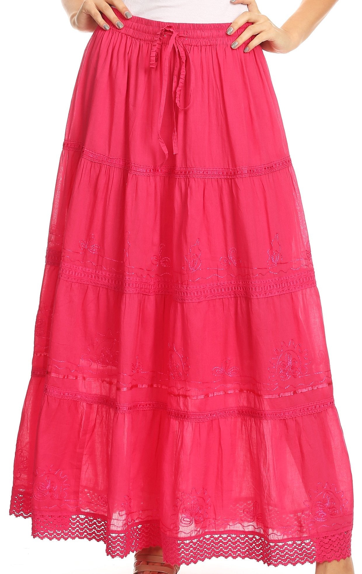 Sakkas - Solid Embroidered Crochet Lace Trim Gypsy Bohemian Mid Length Cotton Skirt