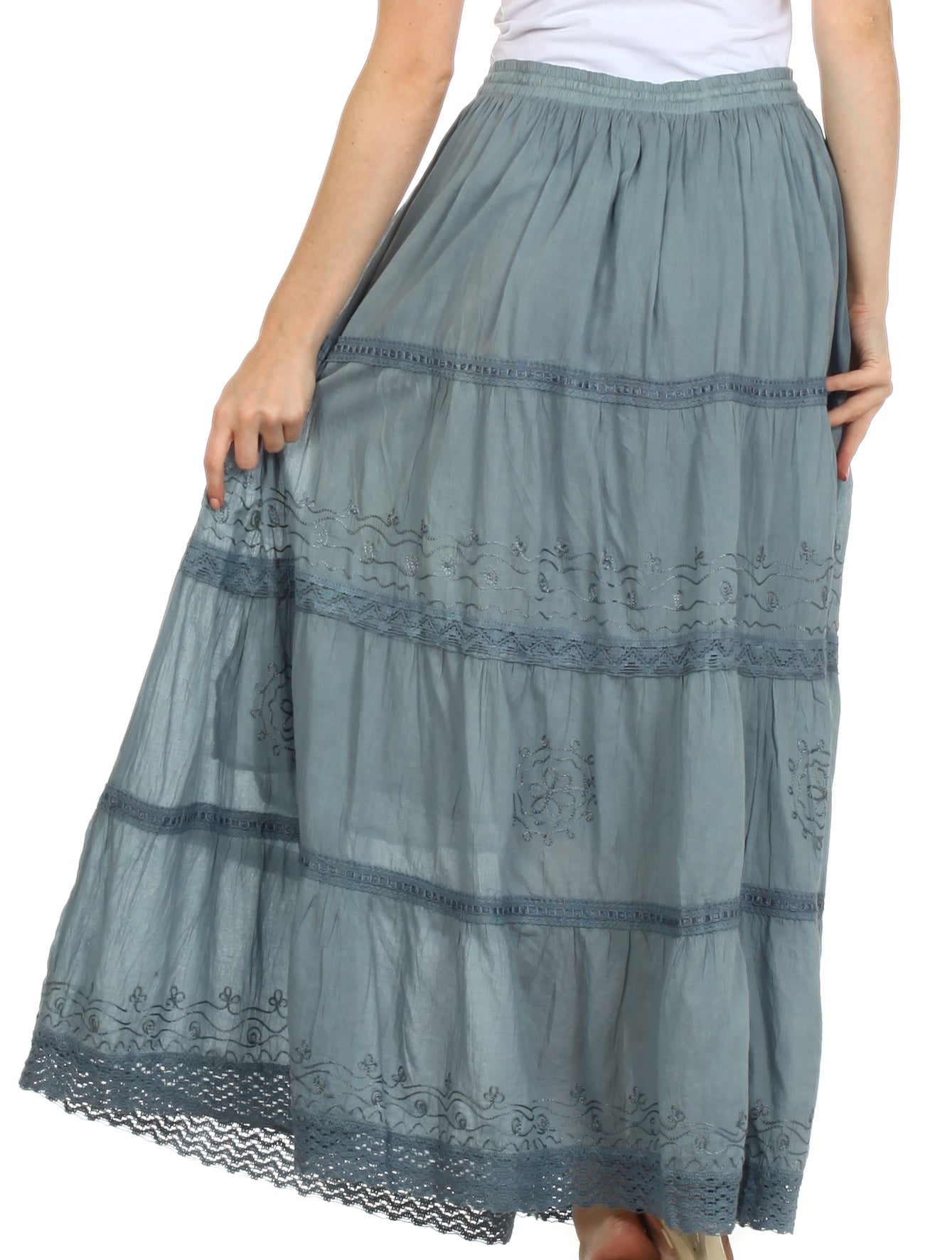 Sakkas - Solid Embroidered Crochet Lace Trim Gypsy Bohemian Mid Length Cotton Skirt