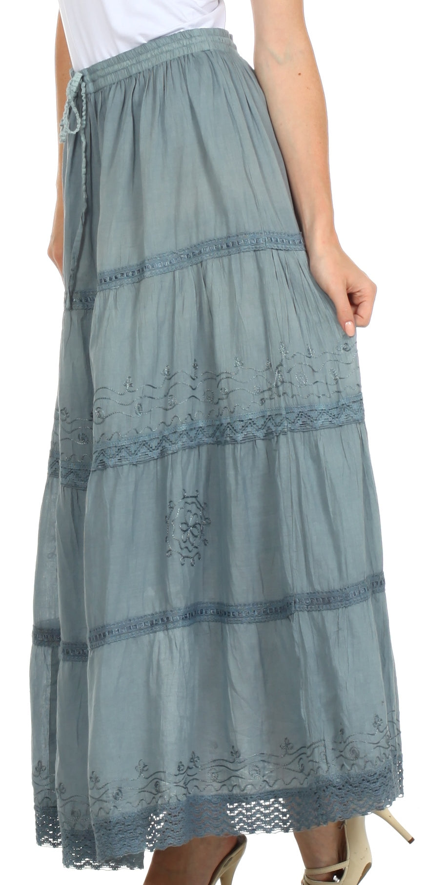 Sakkas - Solid Embroidered Crochet Lace Trim Gypsy Bohemian Mid Length Cotton Skirt