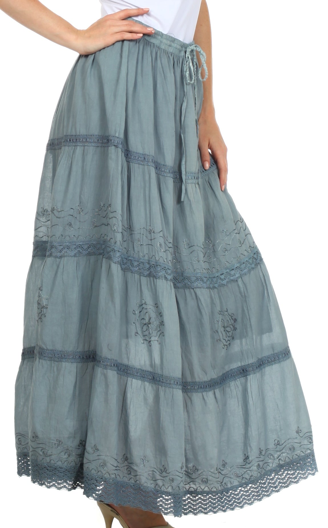 Sakkas - Solid Embroidered Crochet Lace Trim Gypsy Bohemian Mid Length Cotton Skirt