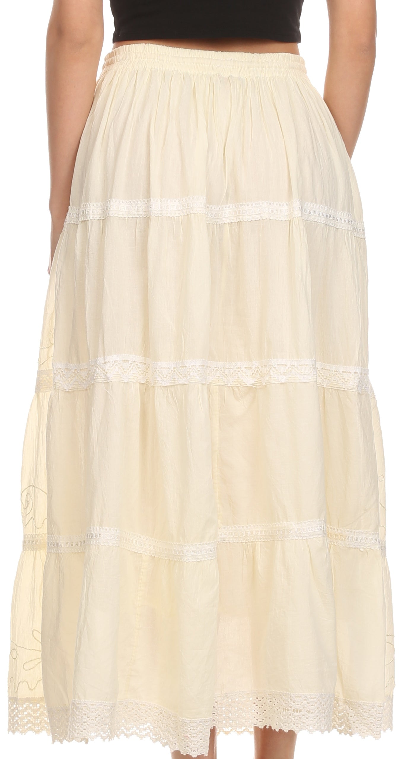 Sakkas - Solid Embroidered Crochet Lace Trim Gypsy Bohemian Mid Length Cotton Skirt