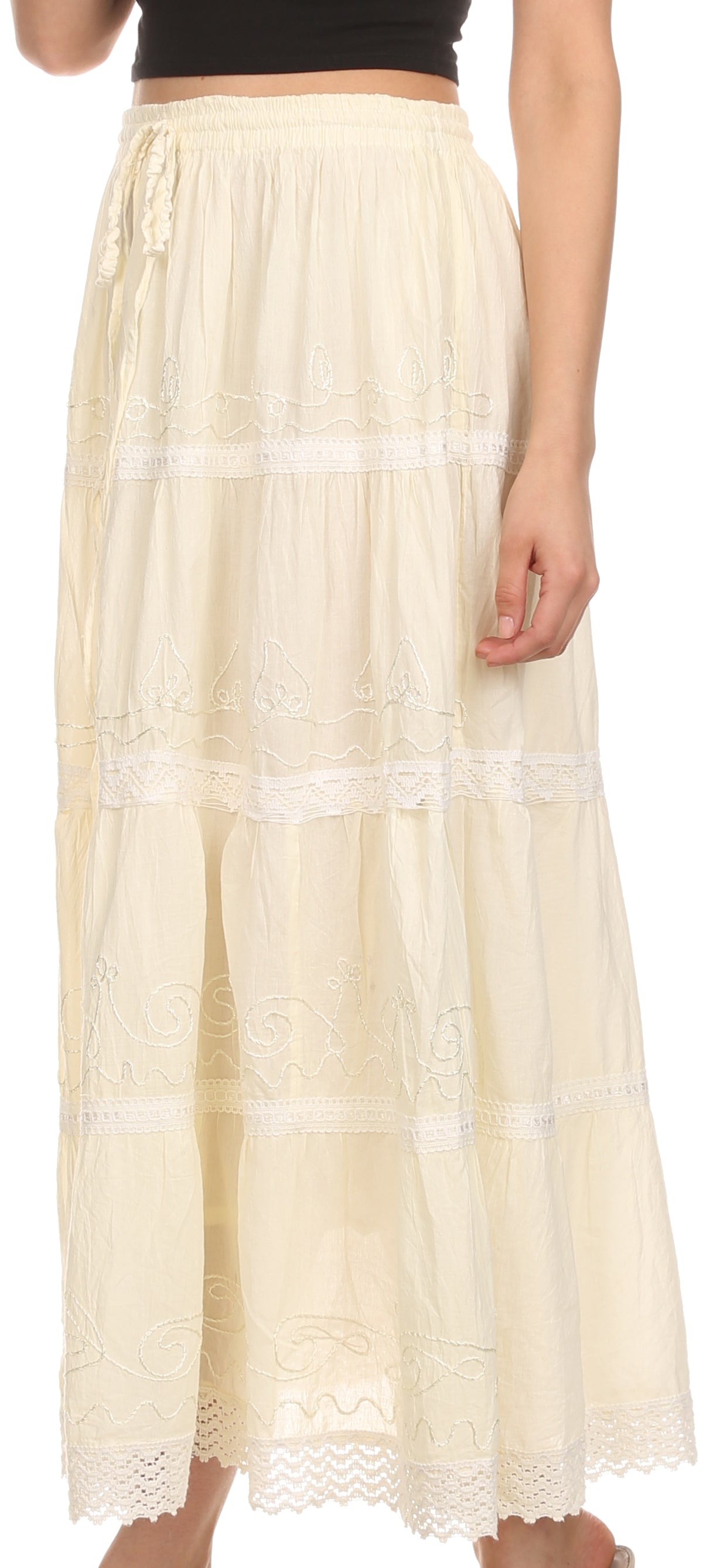 Sakkas - Solid Embroidered Crochet Lace Trim Gypsy Bohemian Mid Length Cotton Skirt