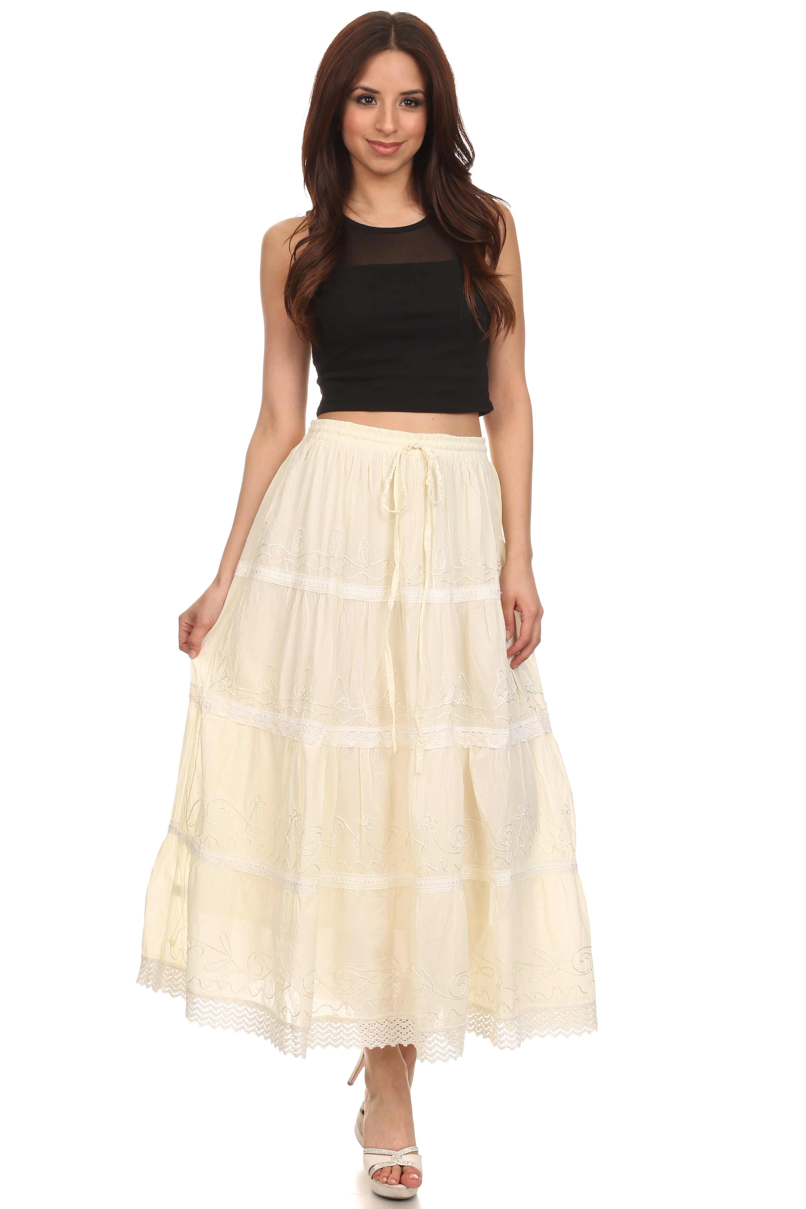 Sakkas - Solid Embroidered Crochet Lace Trim Gypsy Bohemian Mid Length Cotton Skirt
