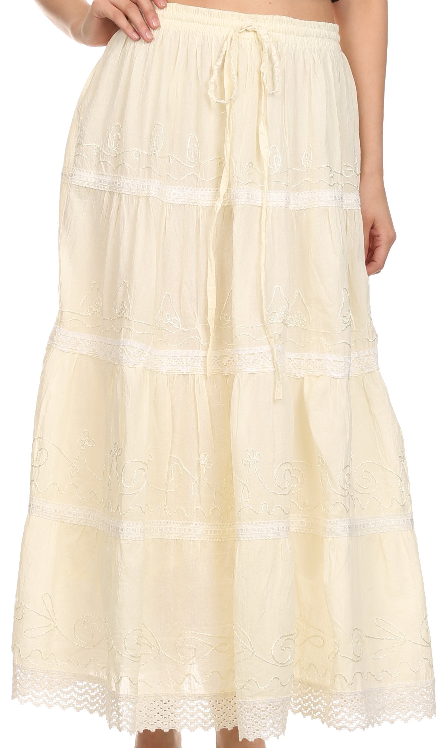 Sakkas - Solid Embroidered Crochet Lace Trim Gypsy Bohemian Mid Length Cotton Skirt
