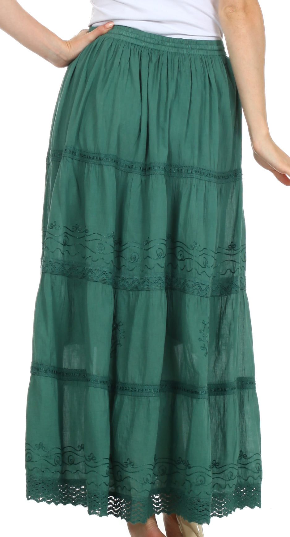 Sakkas - Solid Embroidered Crochet Lace Trim Gypsy Bohemian Mid Length Cotton Skirt