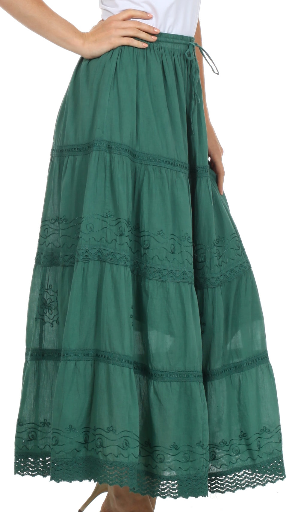 Sakkas - Solid Embroidered Crochet Lace Trim Gypsy Bohemian Mid Length Cotton Skirt