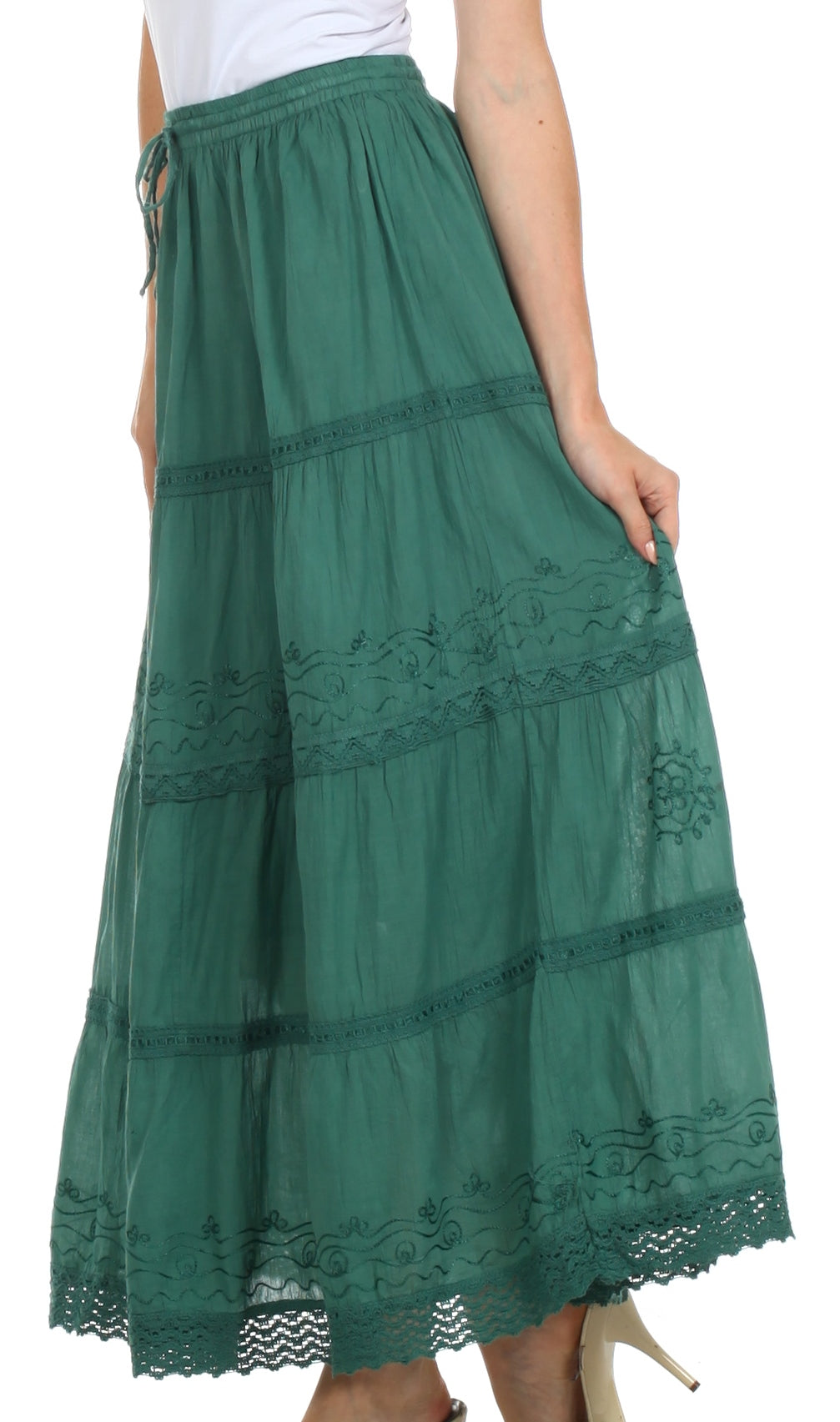 Sakkas - Solid Embroidered Crochet Lace Trim Gypsy Bohemian Mid Length Cotton Skirt